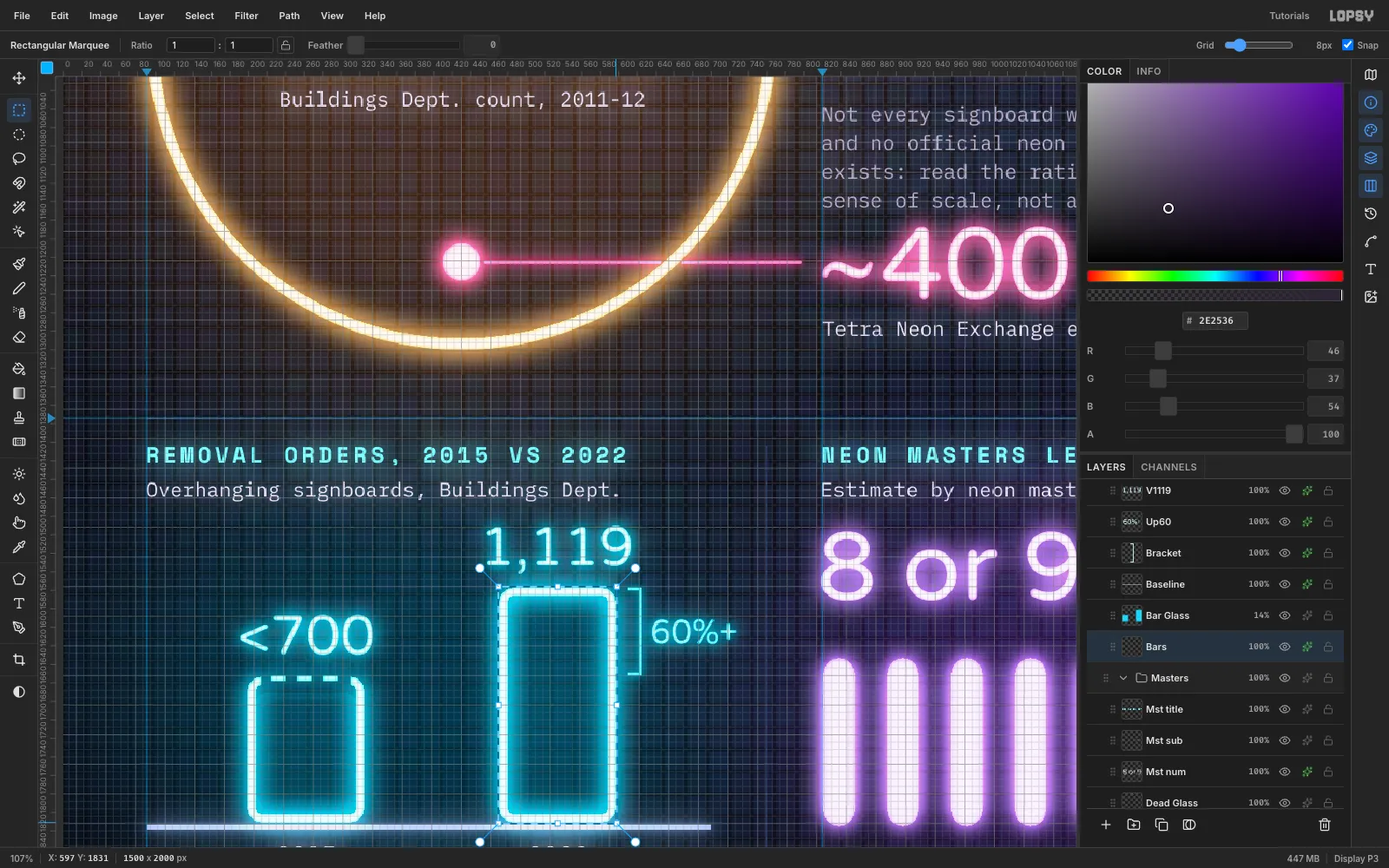 A zoomed view of the bar chart with the 8 pixel grid showing and a snapped marquee around the 2022 bar