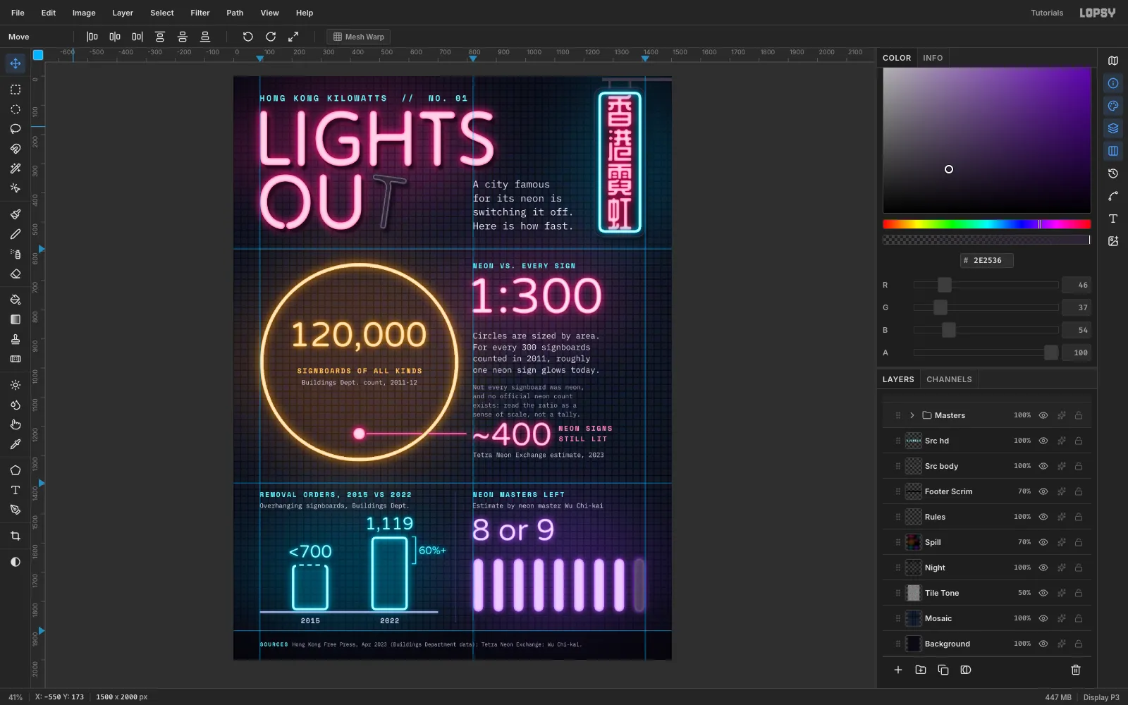 The full poster with coloured light spill behind each glowing element, thin divider rules and a dark footer strip listing the sources