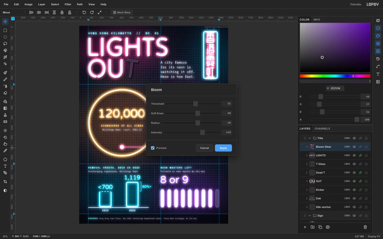 The Bloom dialog with Threshold 55, Soft Knee 60, Radius 40 and Intensity 140 previewing a soft glow over the whole poster