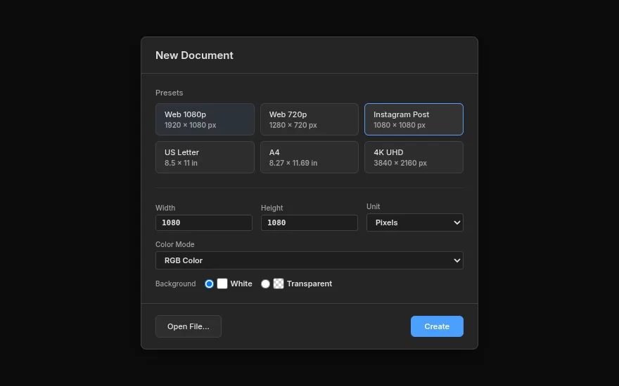 The New Document dialog in Lopsy with the Instagram Post preset (1080 × 1080 px) selected