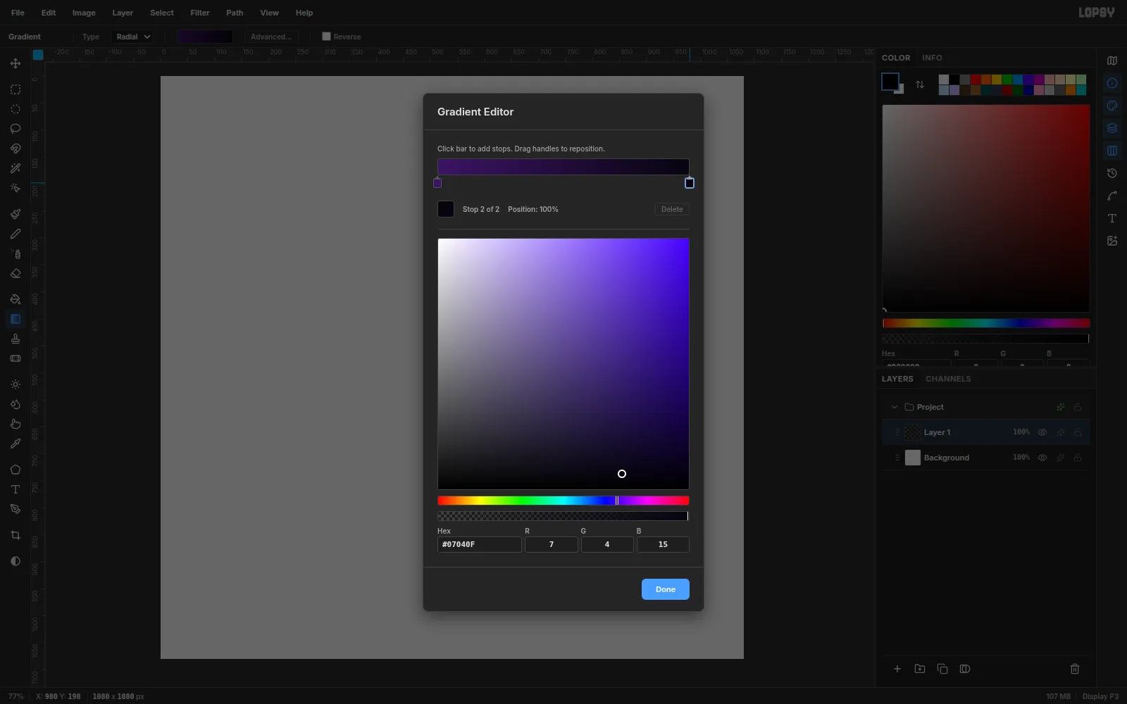 The Gradient Editor with a deep purple stop on the left and a near-black stop on the right