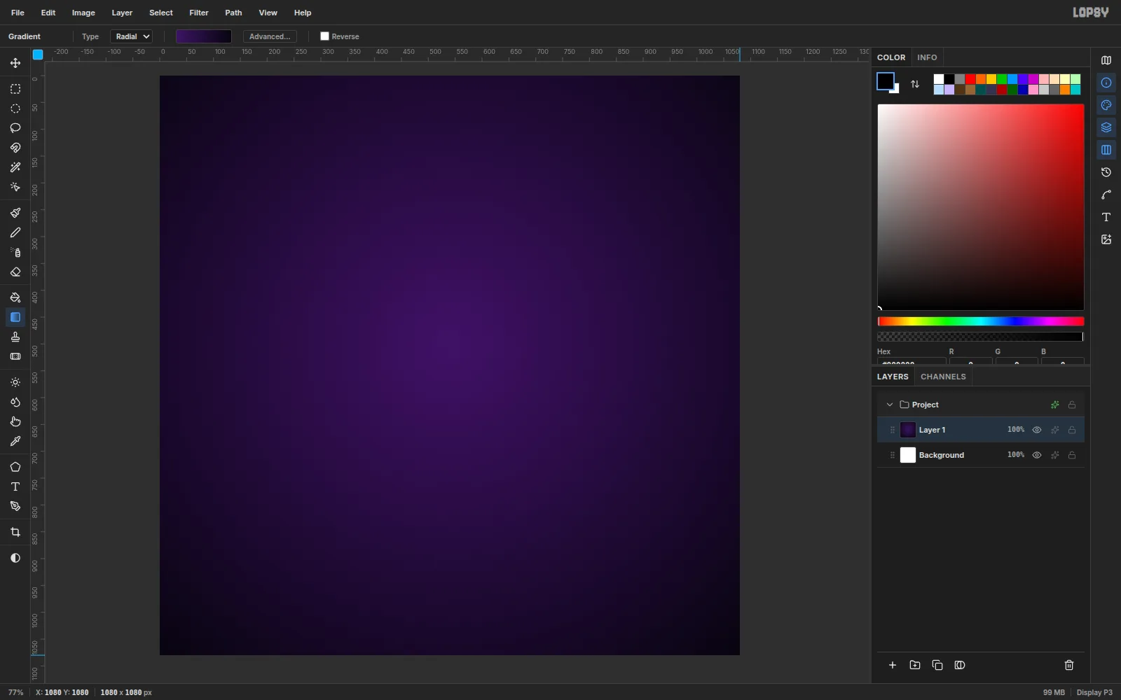A 1080 pixel square canvas filled with a radial gradient, glowing purple in the middle and fading to almost black at the corners