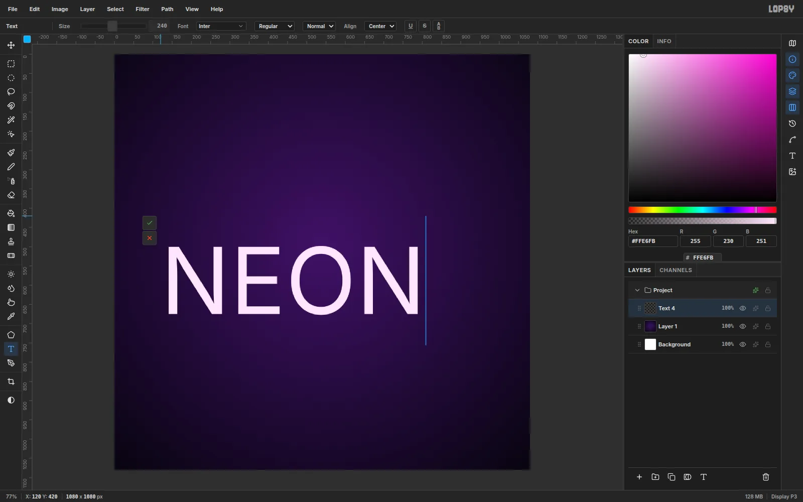The word NEON being typed in pale pink 240 px text, with the Text options bar showing size 240