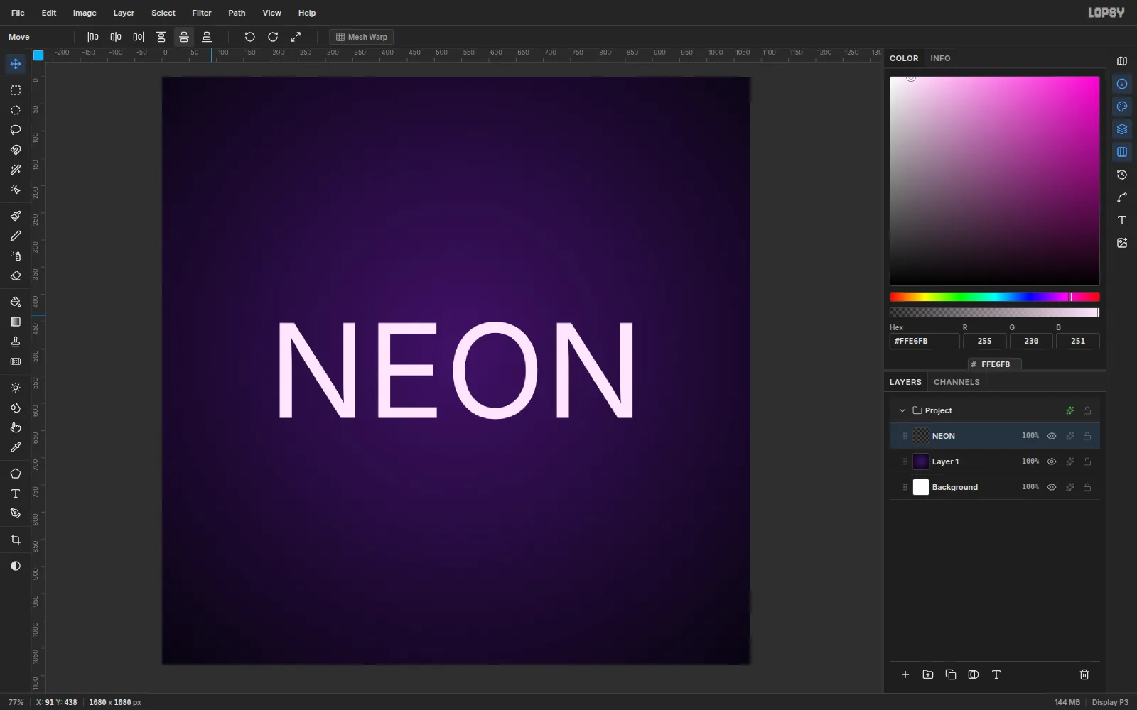 The Move tool options bar with the align buttons, and the NEON text centered on the canvas