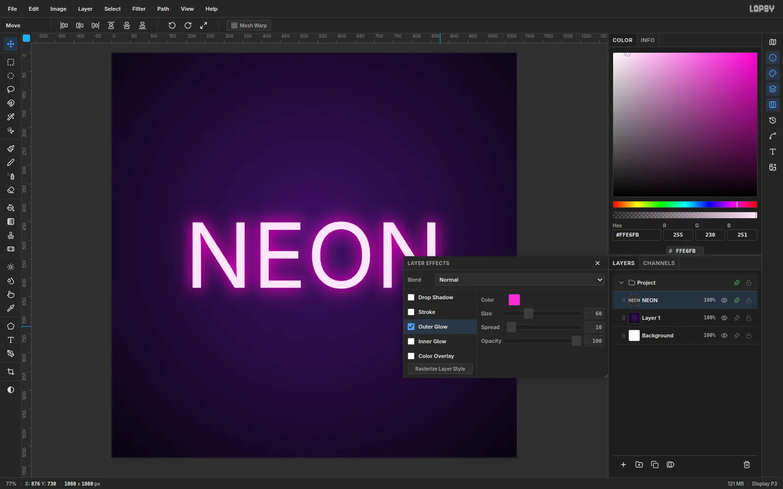 The Layer Effects panel with Outer Glow turned on: color hot pink, size 60, spread 10, opacity 100