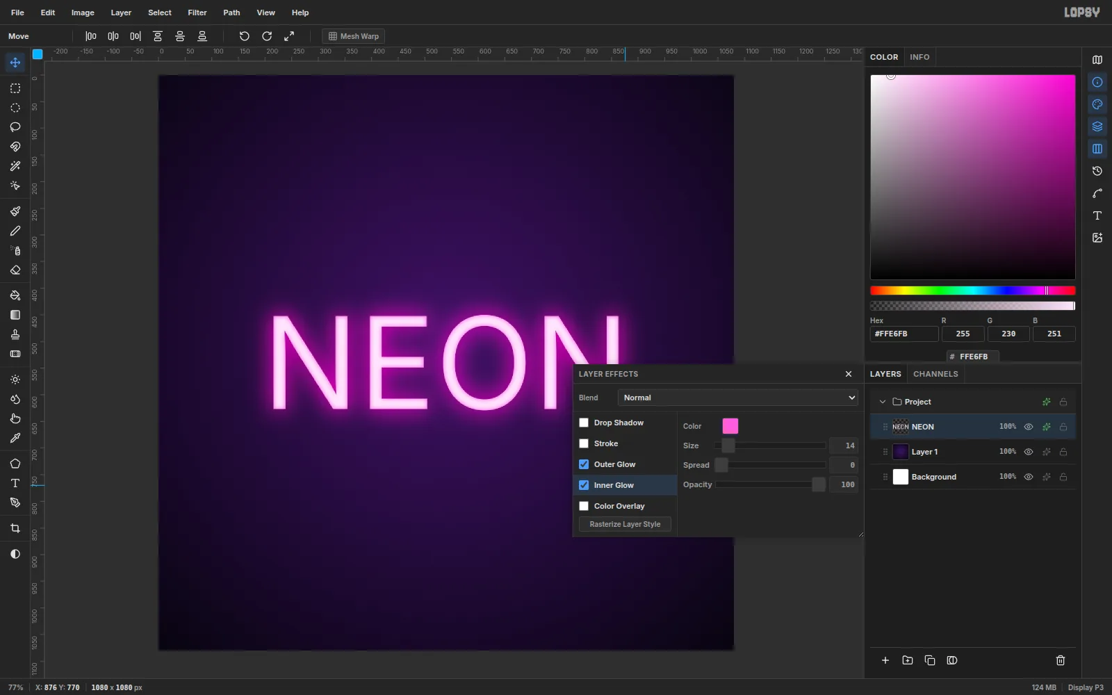 Inner Glow enabled in the Layer Effects panel with a pink color, size 14 and opacity 100, giving the letters a bright core and saturated edges