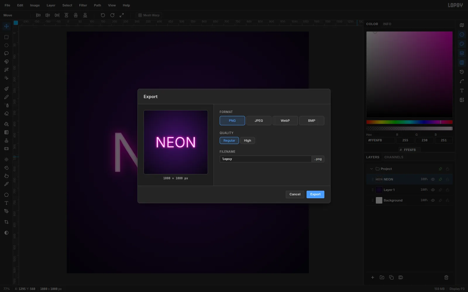 The Export dialog showing a preview of the finished neon sign with PNG format selected