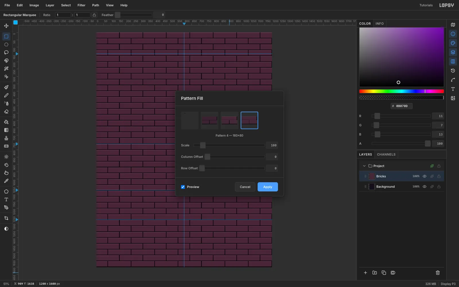 The Pattern Fill dialog with the new 160 by 80 brick pattern selected and the brick wall previewed across the whole canvas