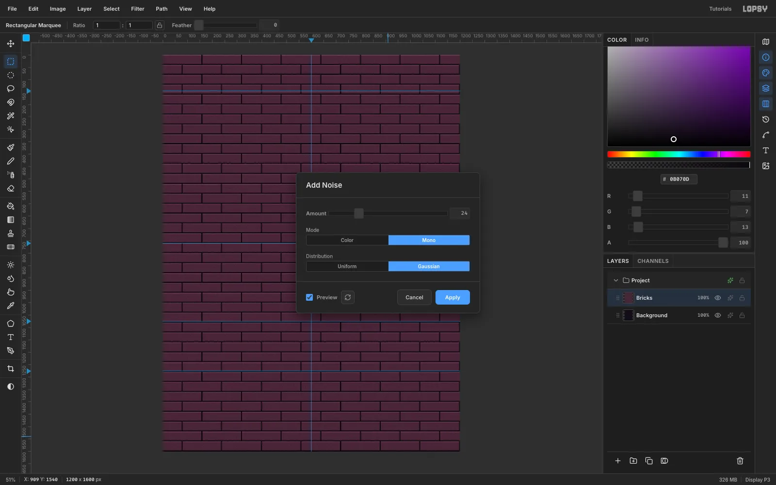 The Add Noise dialog set to Mono and Gaussian at Amount 24, adding fine grain to the brick wall