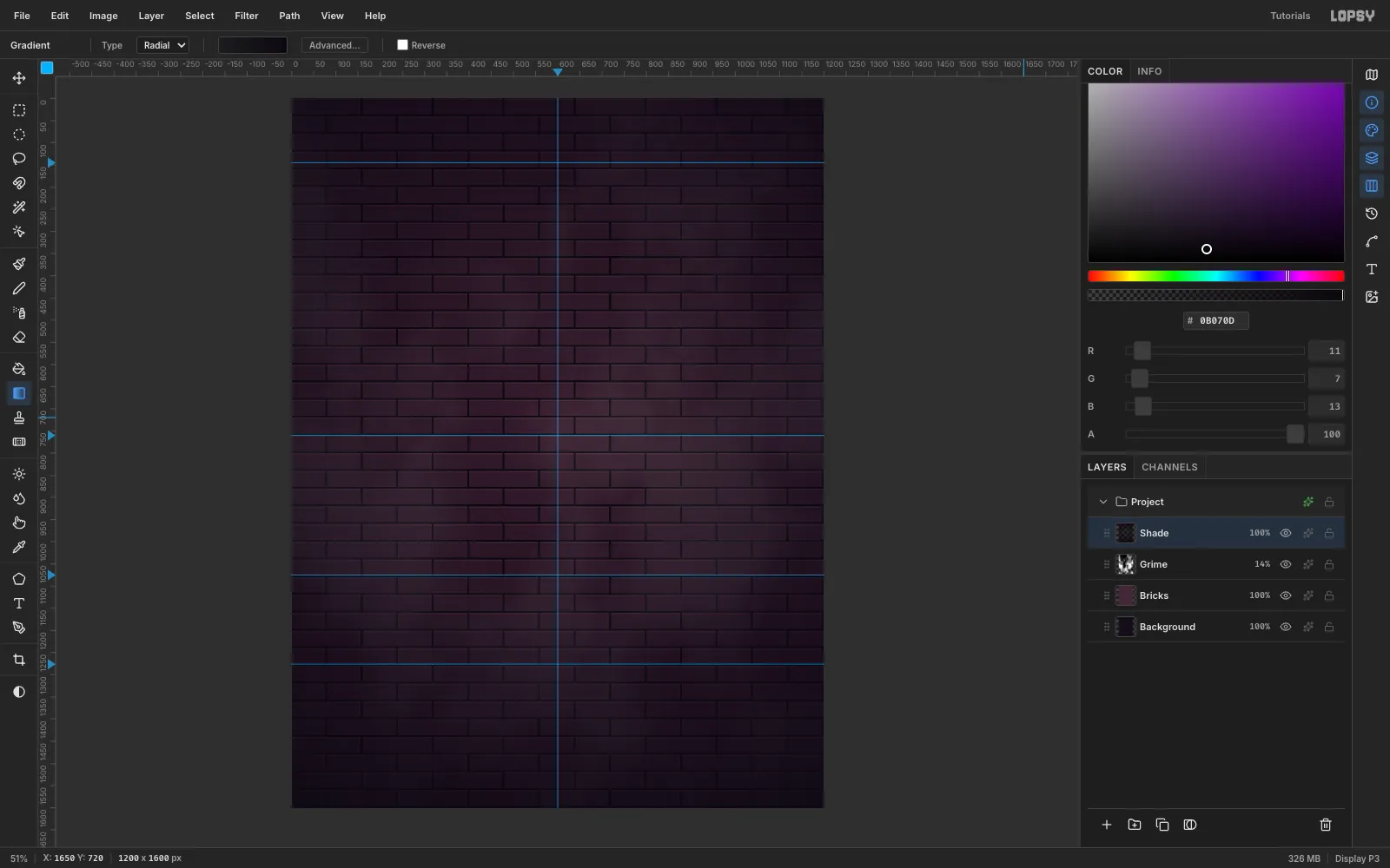 The brick wall darkened toward the edges by a radial gradient layer, with the guides still visible