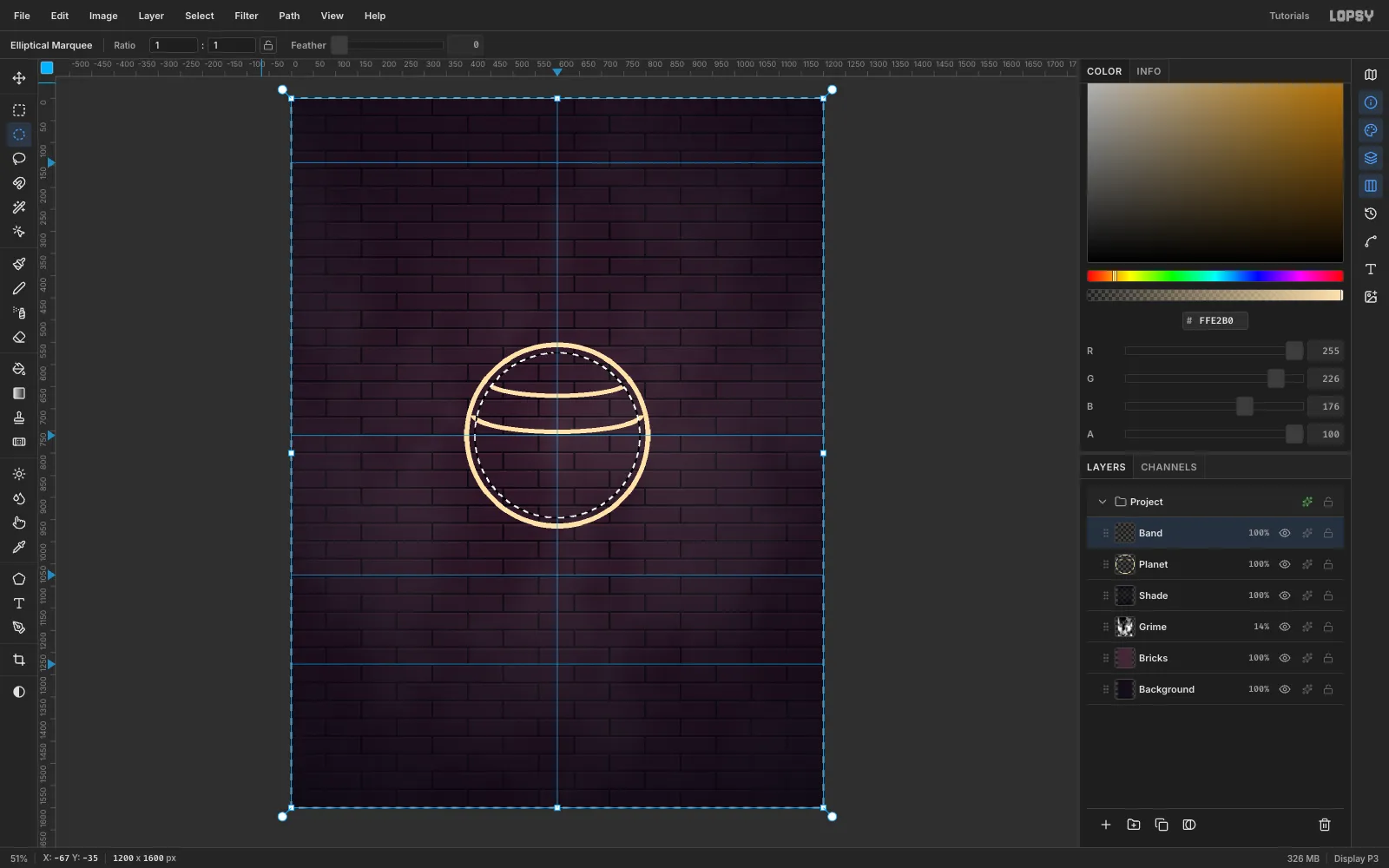 A curved half-ellipse band on its own layer, with the selection inverted around a 372 pixel circle so everything outside the planet can be deleted