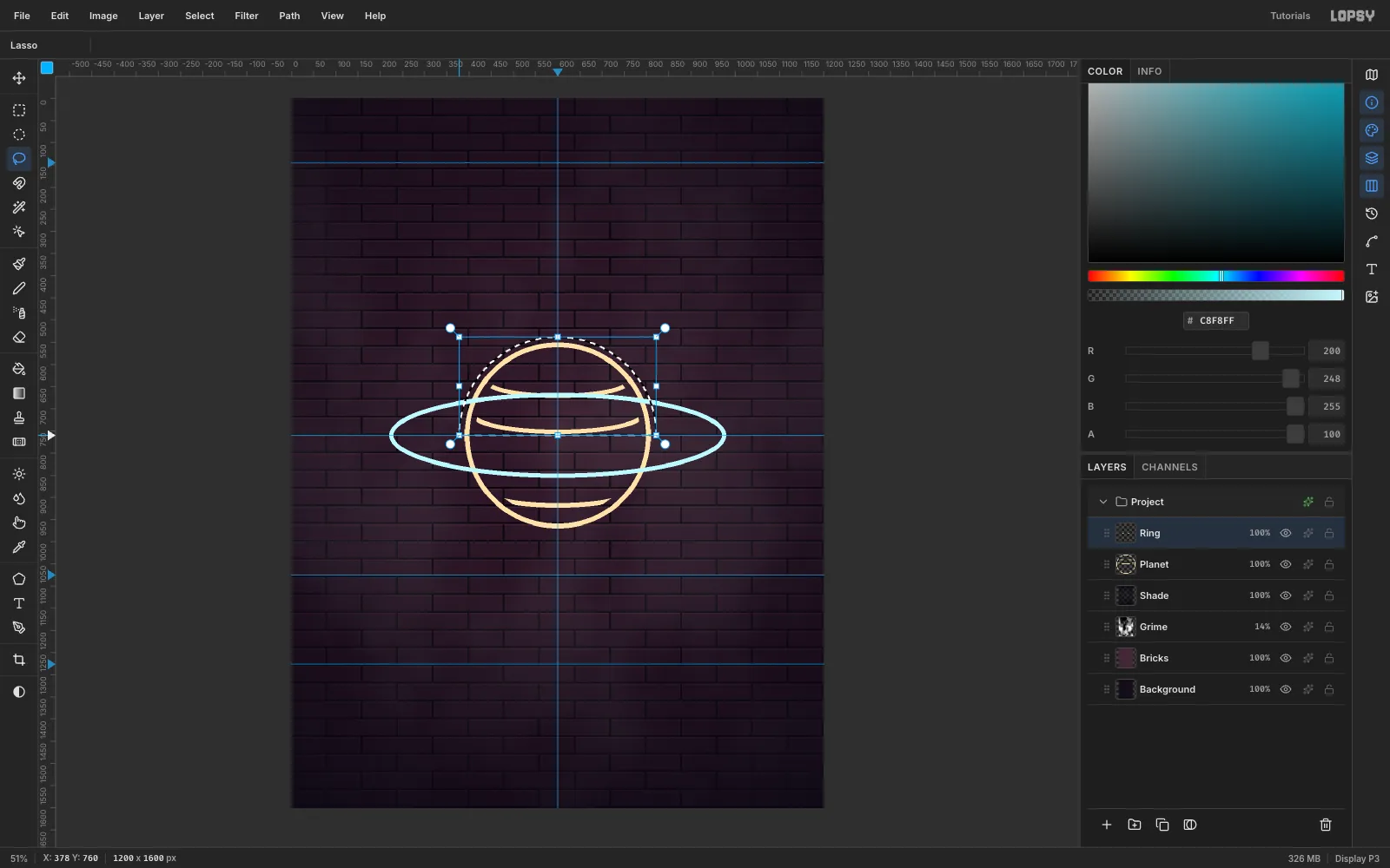 A cyan elliptical ring tube around the planet, with a semicircular lasso selection over the part of the ring that passes behind the planet