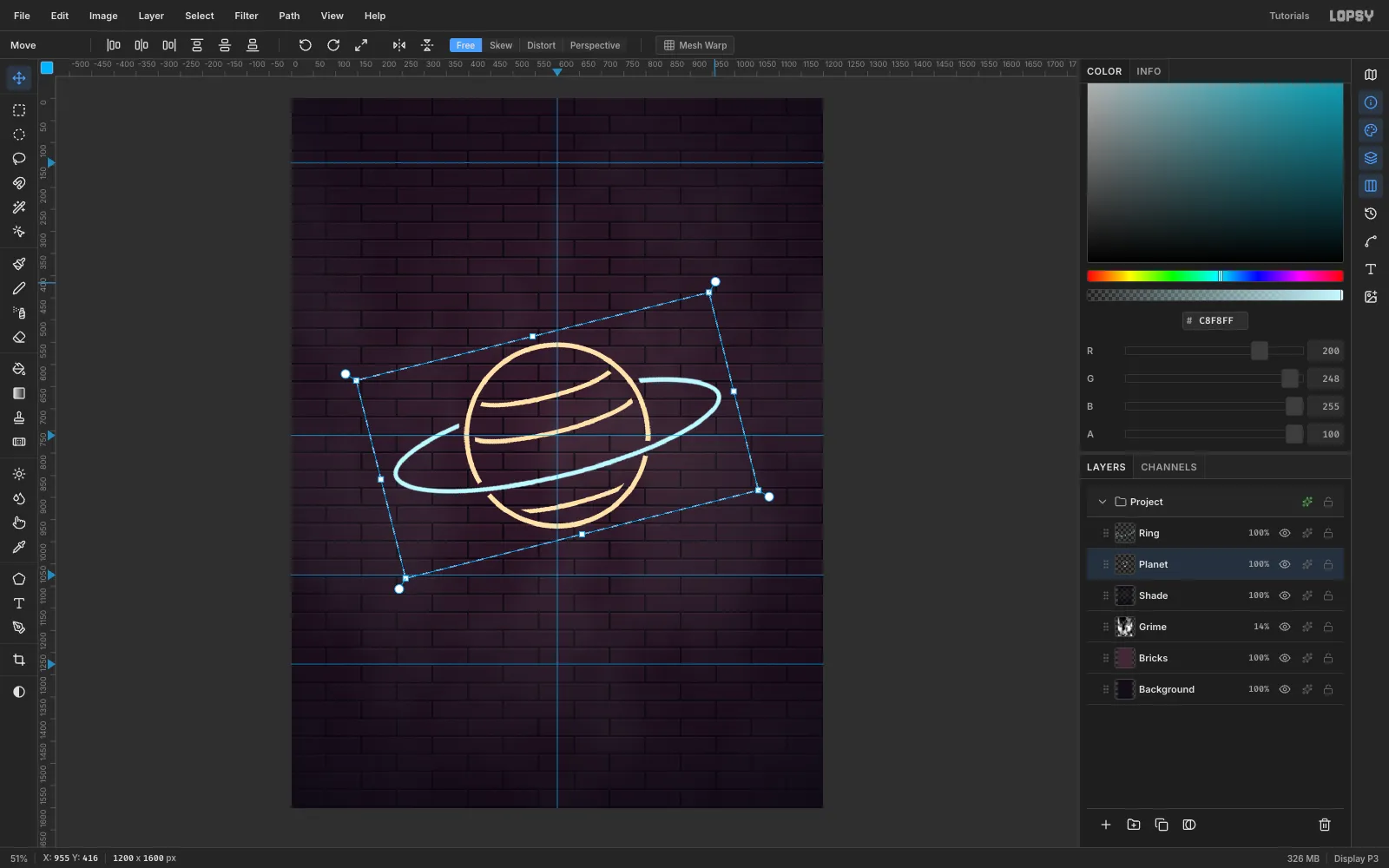 The planet layer inside a rotated transform box, turned 14 degrees counter-clockwise to match the ring