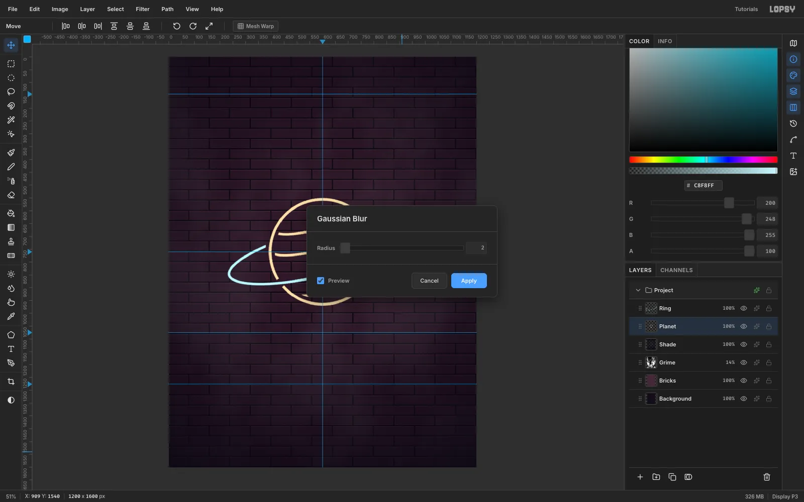 The Gaussian Blur dialog at Radius 2 softening the edges of the planet tube