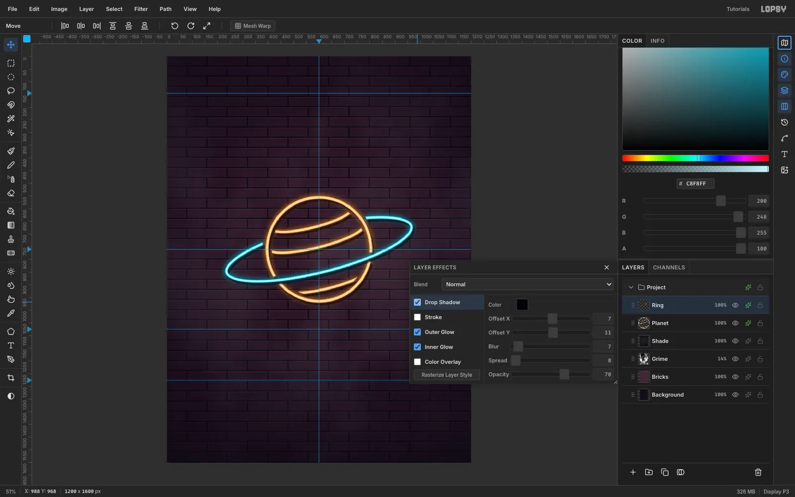 The Layer Effects drawer with Drop Shadow, Outer Glow and Inner Glow enabled on the Ring layer