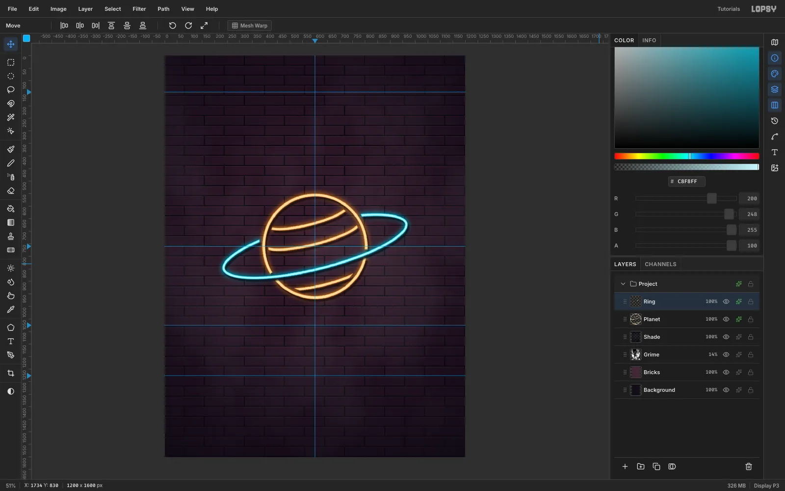 The amber neon planet with its cyan ring glowing on the dark brick wall