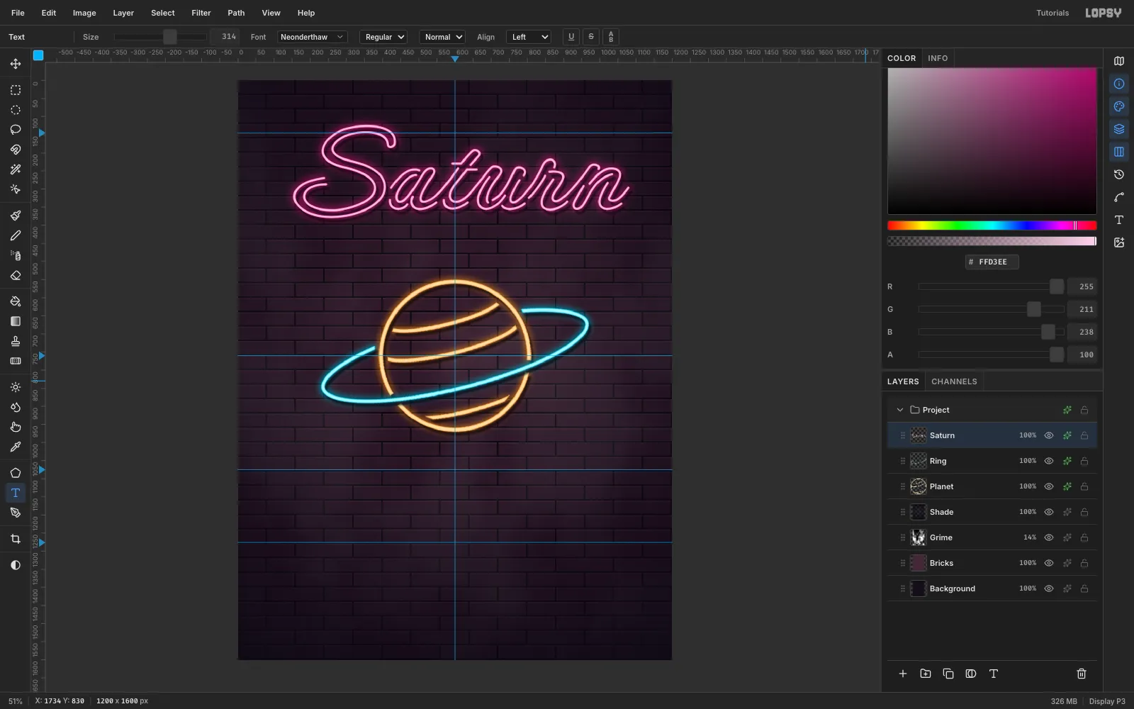 Pink neon Saturn script in the Neonderthaw font at 314 pixels near the top of the flyer