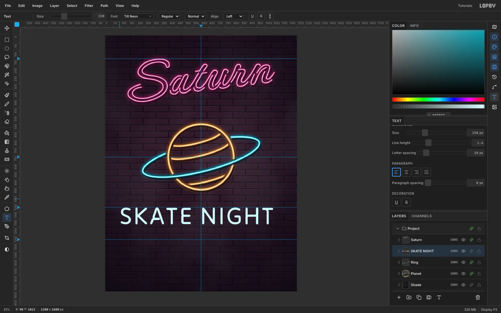 The Text panel with Letter spacing set to 10 px for the new SKATE NIGHT line