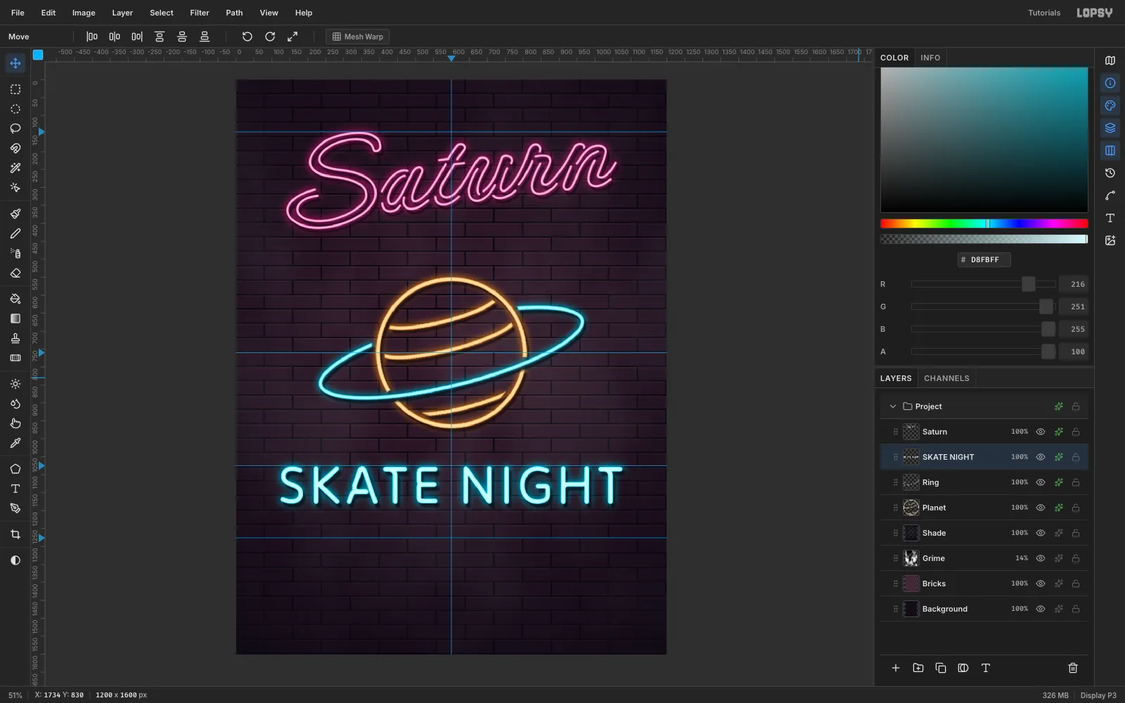 Cyan neon SKATE NIGHT centred under the planet, sitting on the 1075 guide