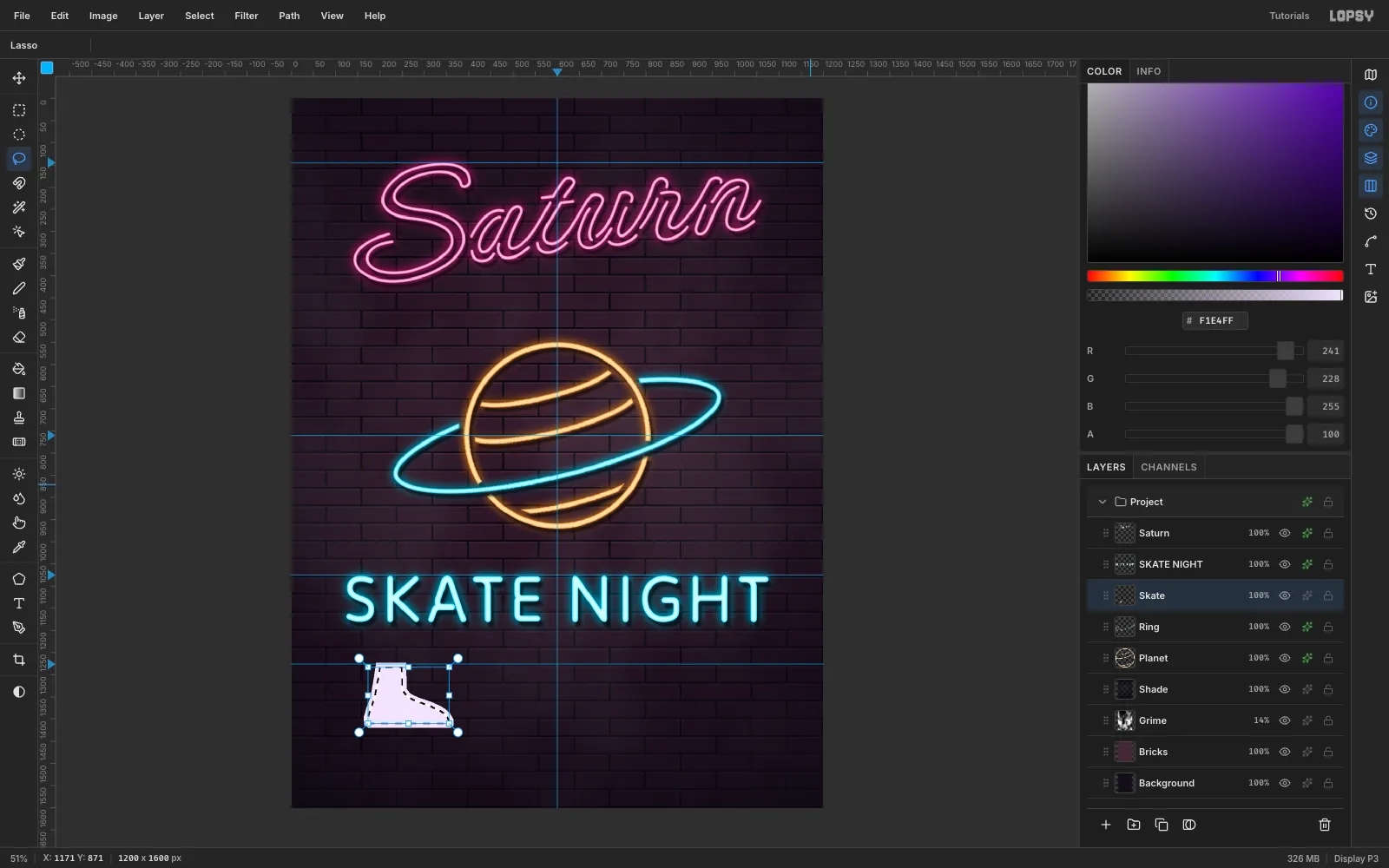 A lasso-drawn roller skate boot outline with the selection shrunk by 9 pixels, ready to delete the inside