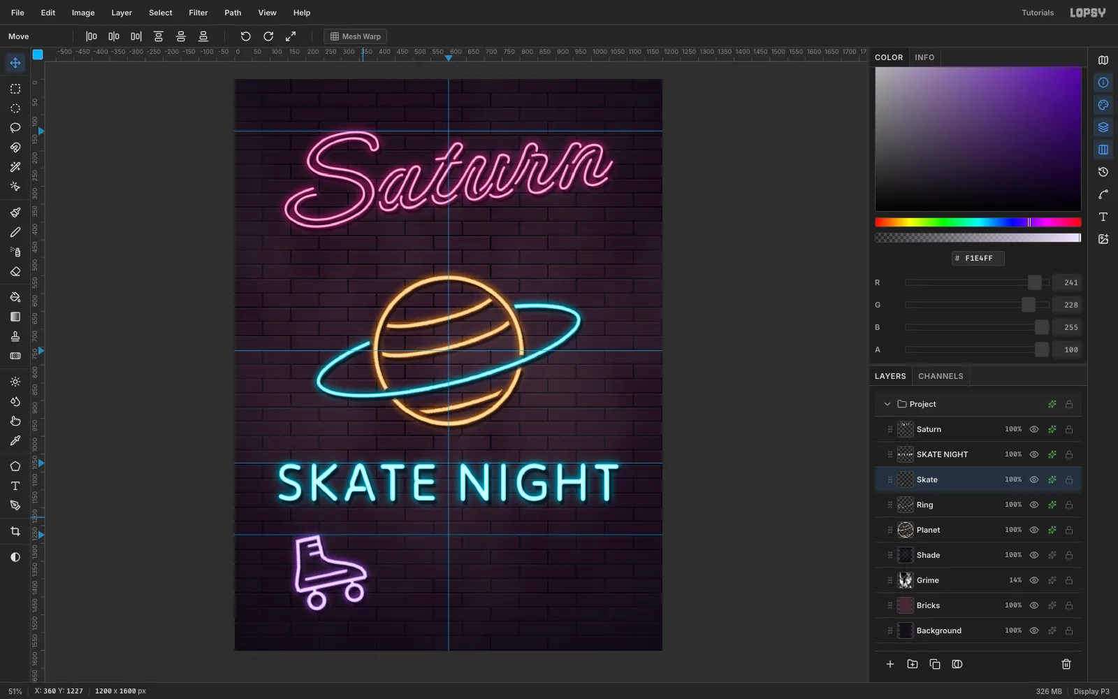 A violet neon roller skate tilted 12 degrees, with its toe kicked up