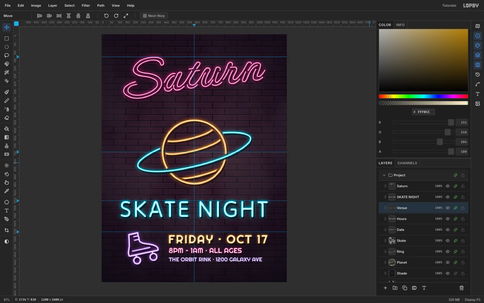 Date, hours and address lines in Righteous next to the skate, with equal spacing between the lines