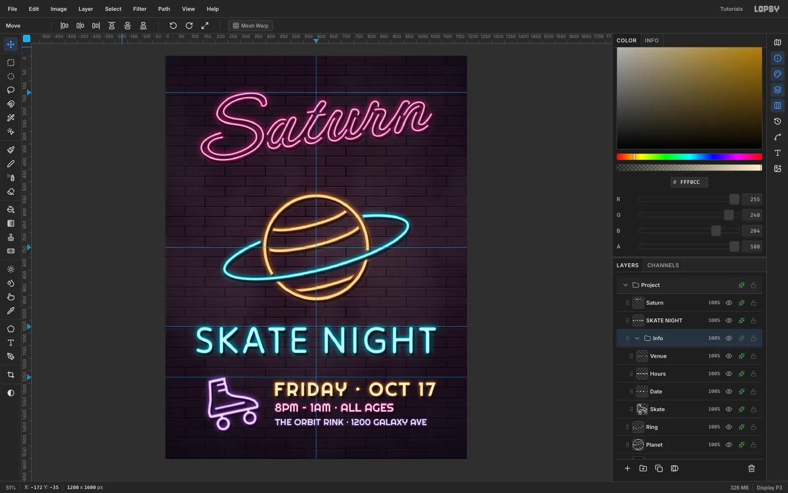 The Layers panel with the skate and three text layers grouped into Info, keeping their order