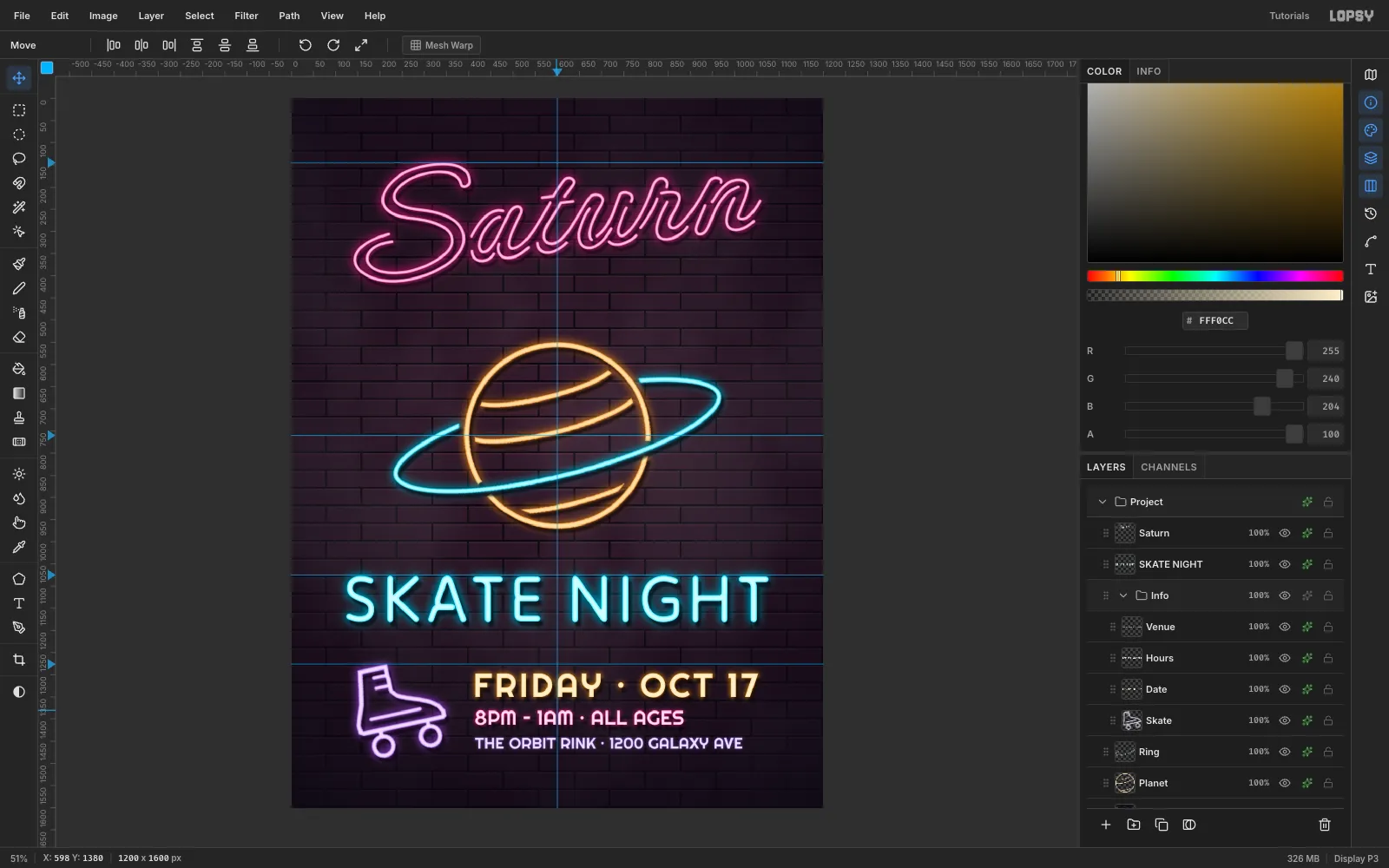 The Info group moved left so the skate and text together are centred on the 600 guide