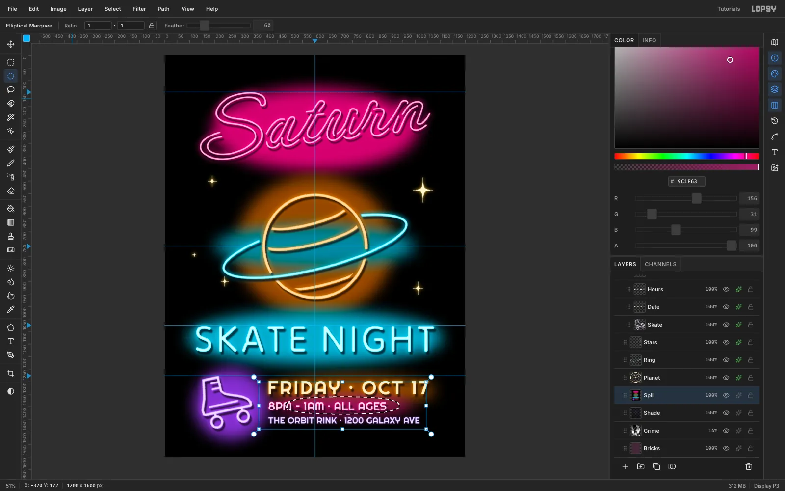 A black layer with feathered ellipses of pink, amber, teal and violet placed behind each neon element