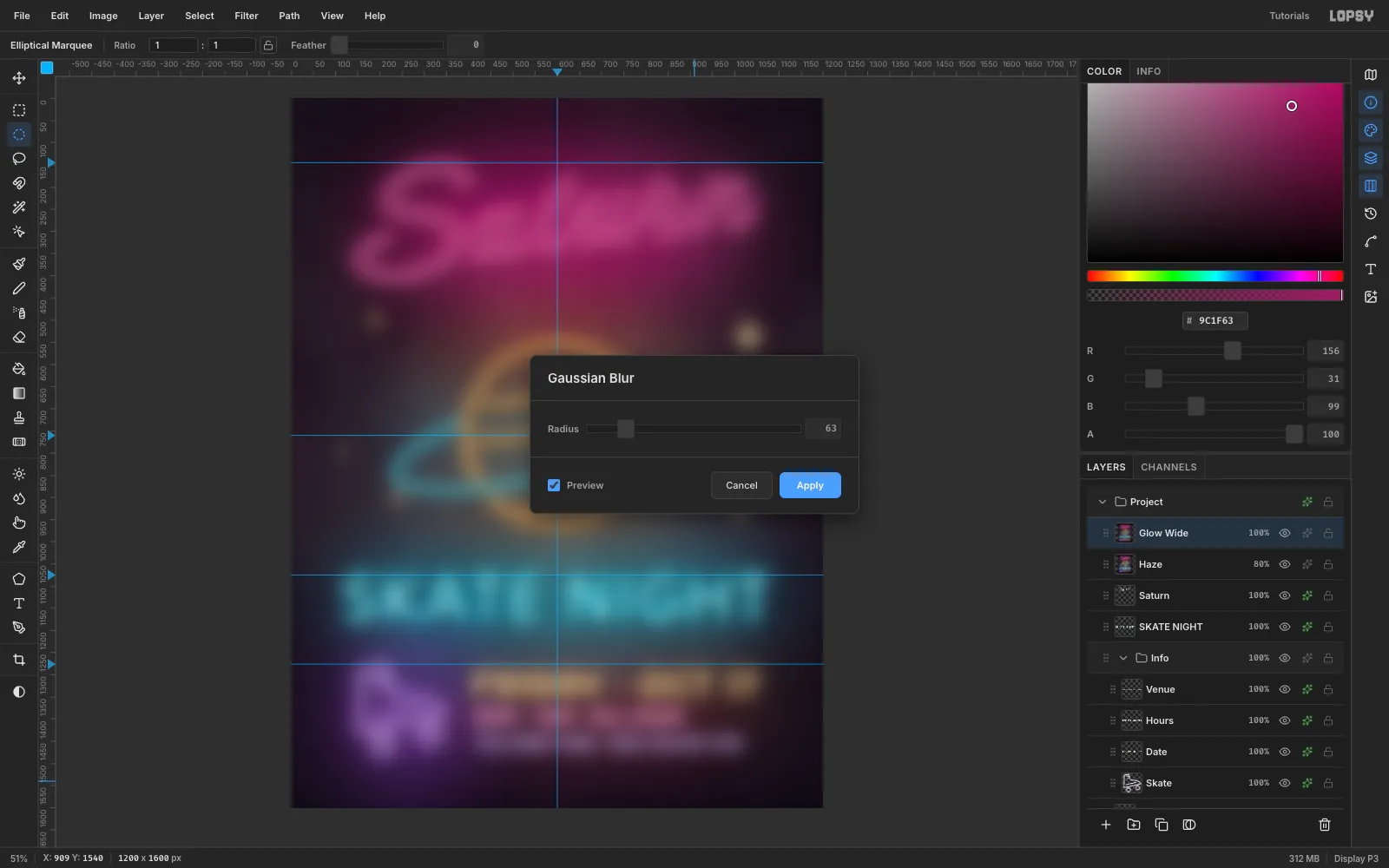 Gaussian Blur at radius 63 applied to a pasted copy of the whole flyer