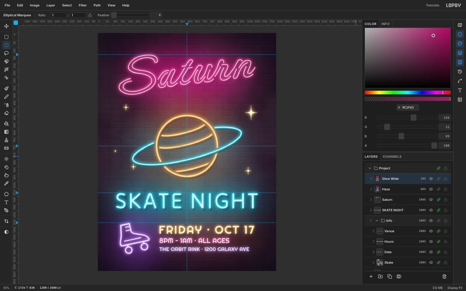 The finished Saturn Skate Night flyer in Lopsy with all layers, the Info group and the haze layers in the Layers panel