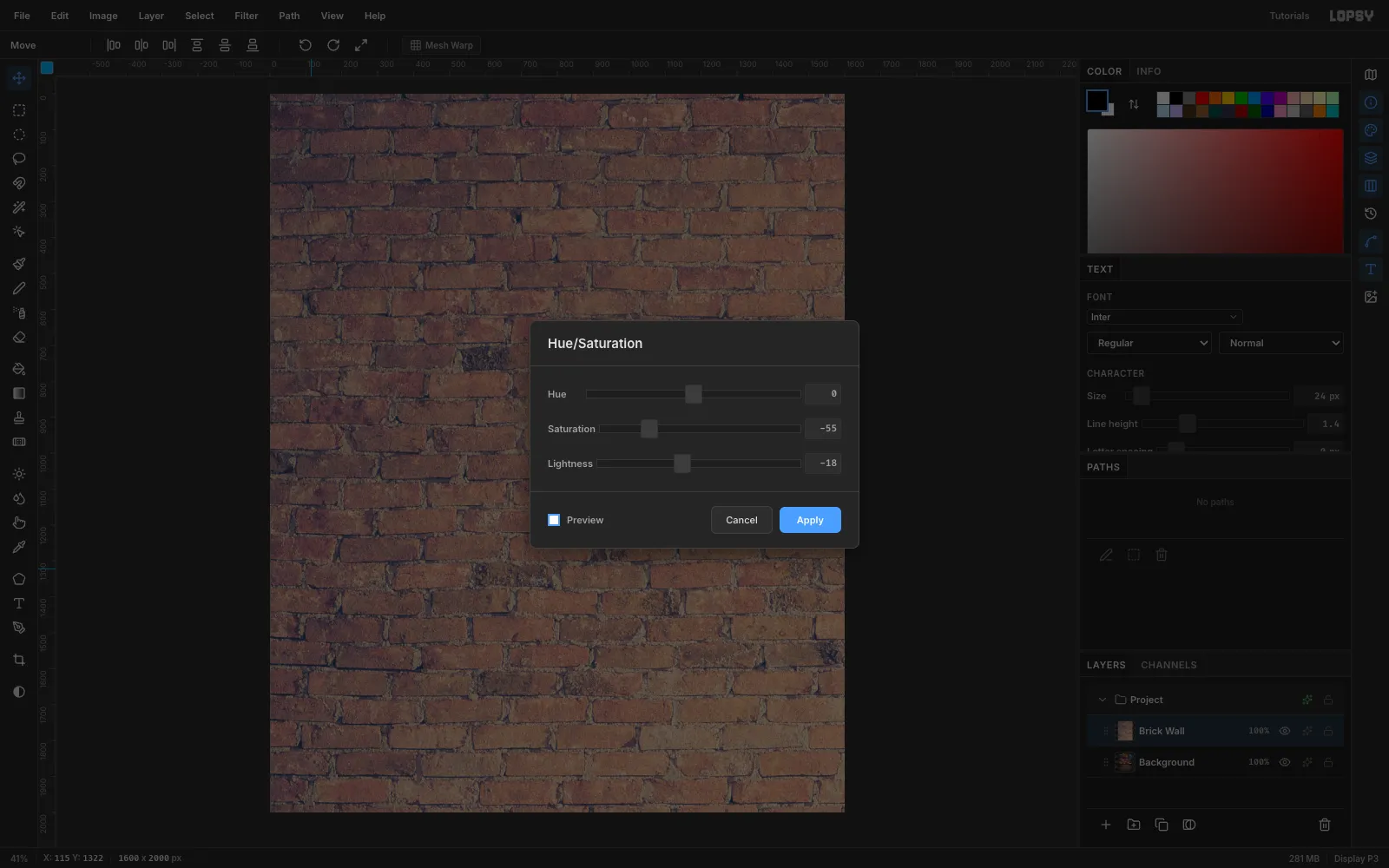 The Hue/Saturation dialog open with Saturation -55 and Lightness -18 over the darkened brick wall