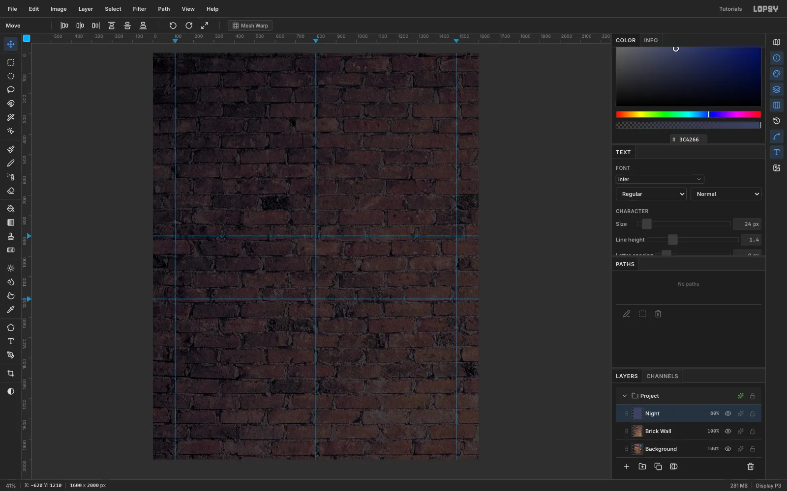 The wall darkened to a dusky blue-brown with blue guides at x 110, 800 and 1490 and y 900 and 1210