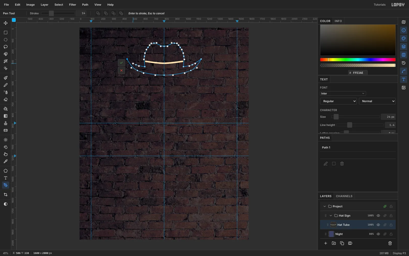 A cowboy hat outline drawn as a Bezier path with its anchors showing, and a pale amber hat band already stroked inside the crown