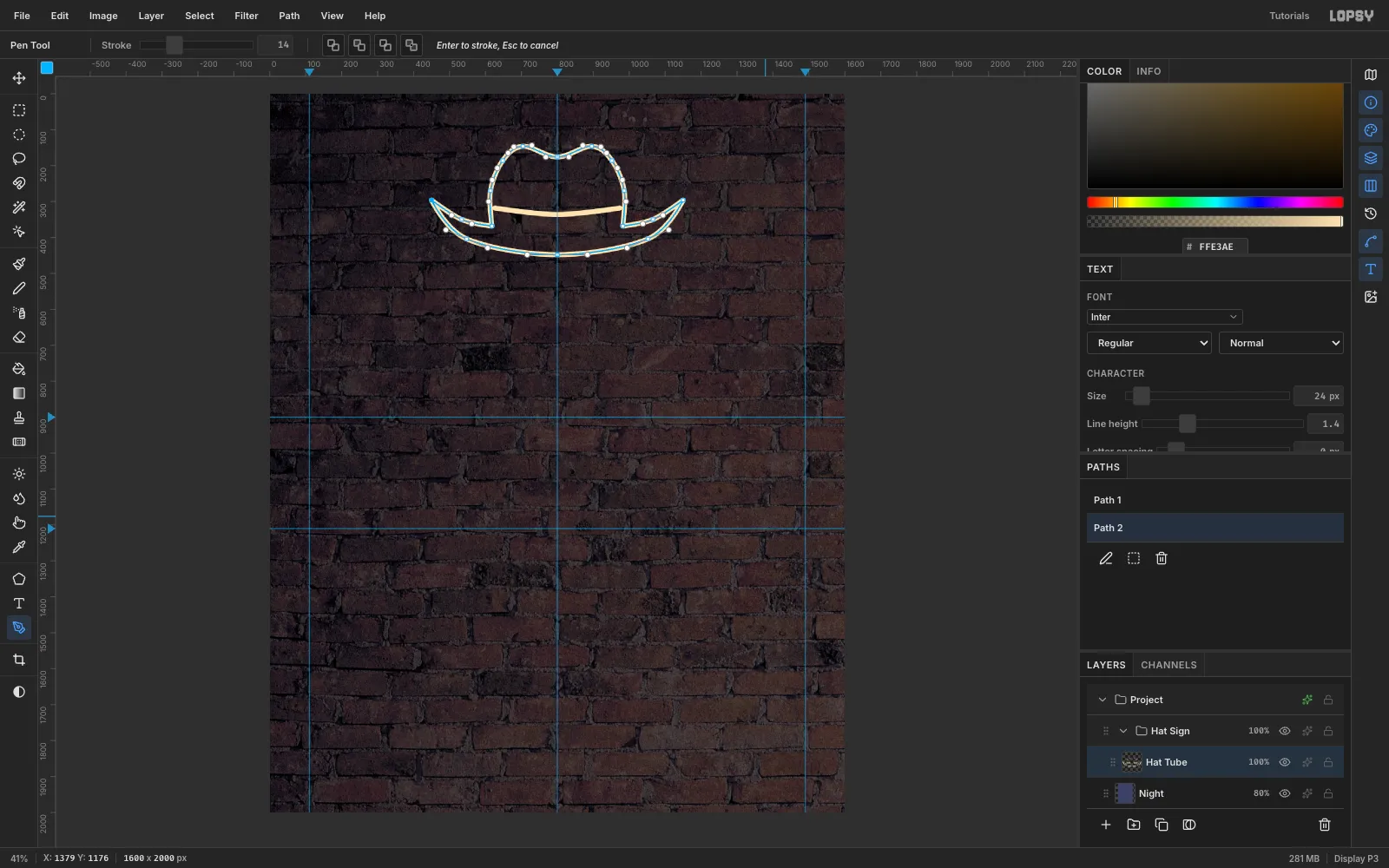 The hat outline stroked in pale amber with Path 2 selected in the Paths panel and its anchors still showing