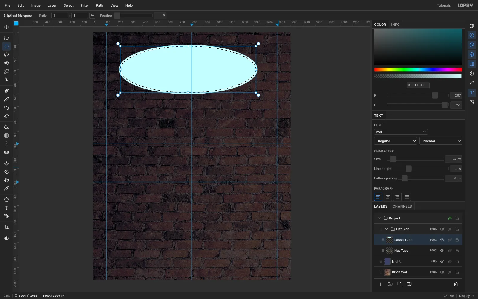 A large ellipse filled with pale turquoise, with marching ants shrunk 12 pixels inside its edge