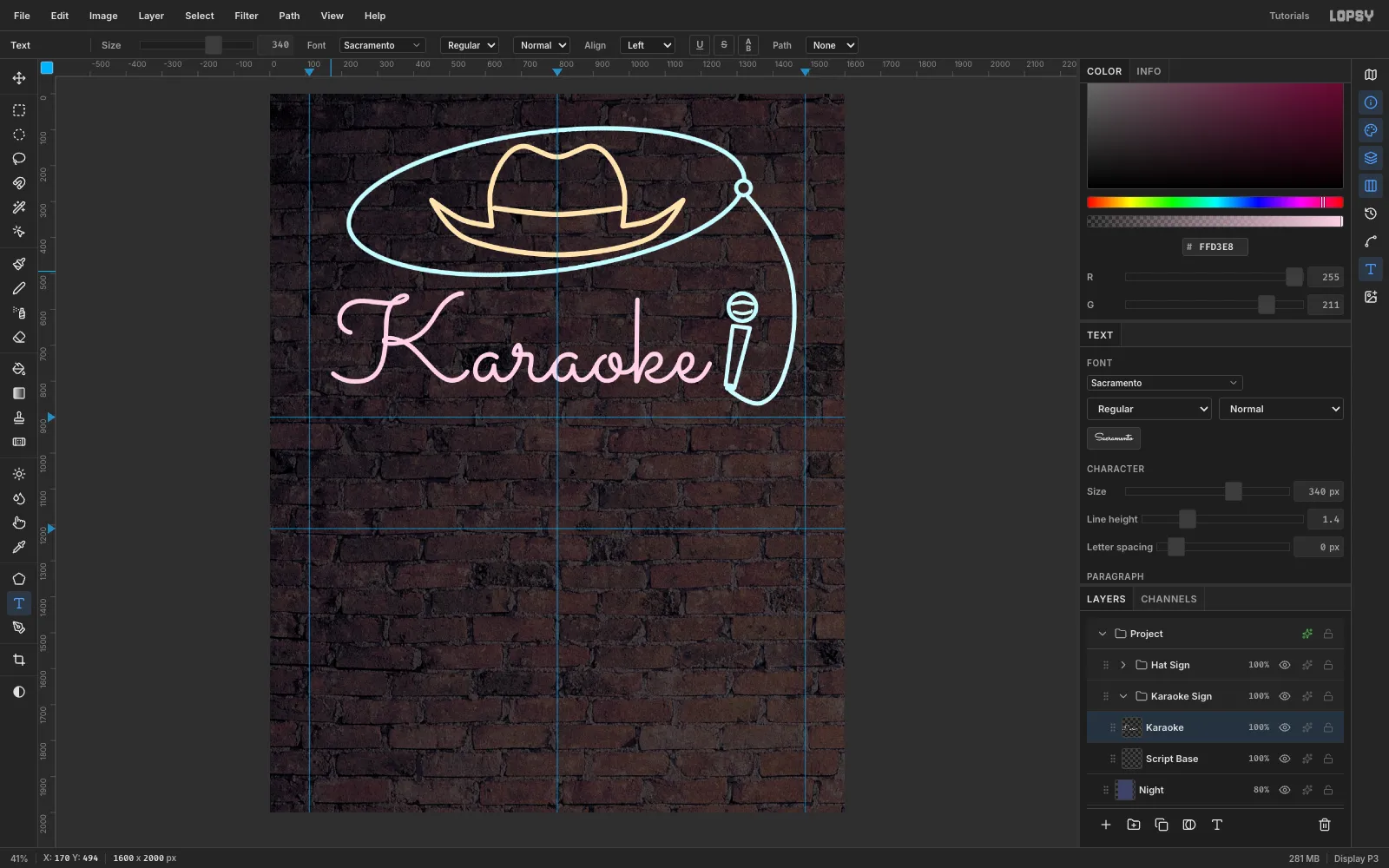 The word Karaoke in a thin, even pale pink script under the lasso, ending just short of the microphone