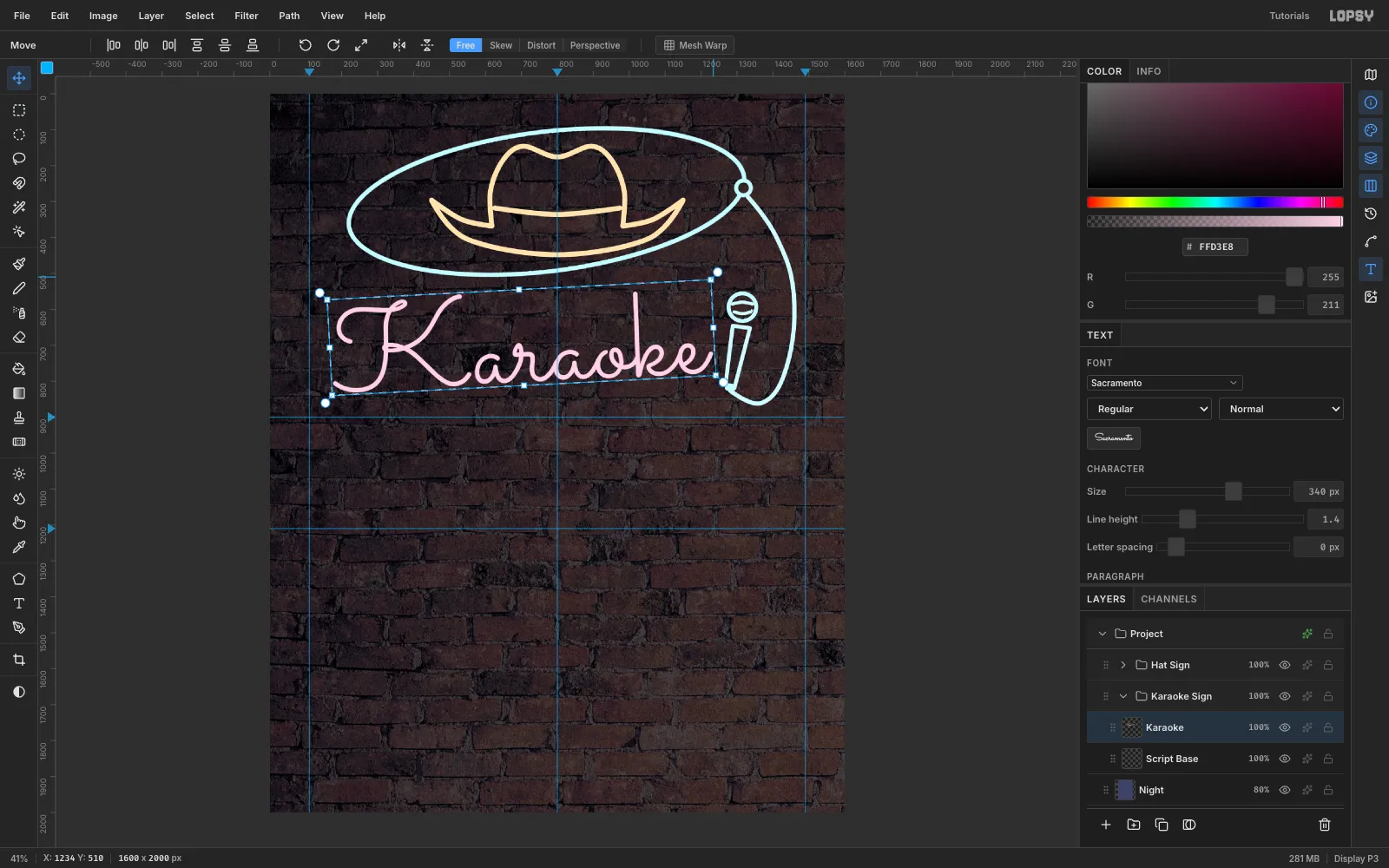 The rasterized Karaoke script inside a transform box rotated 3 degrees so the word climbs to the right