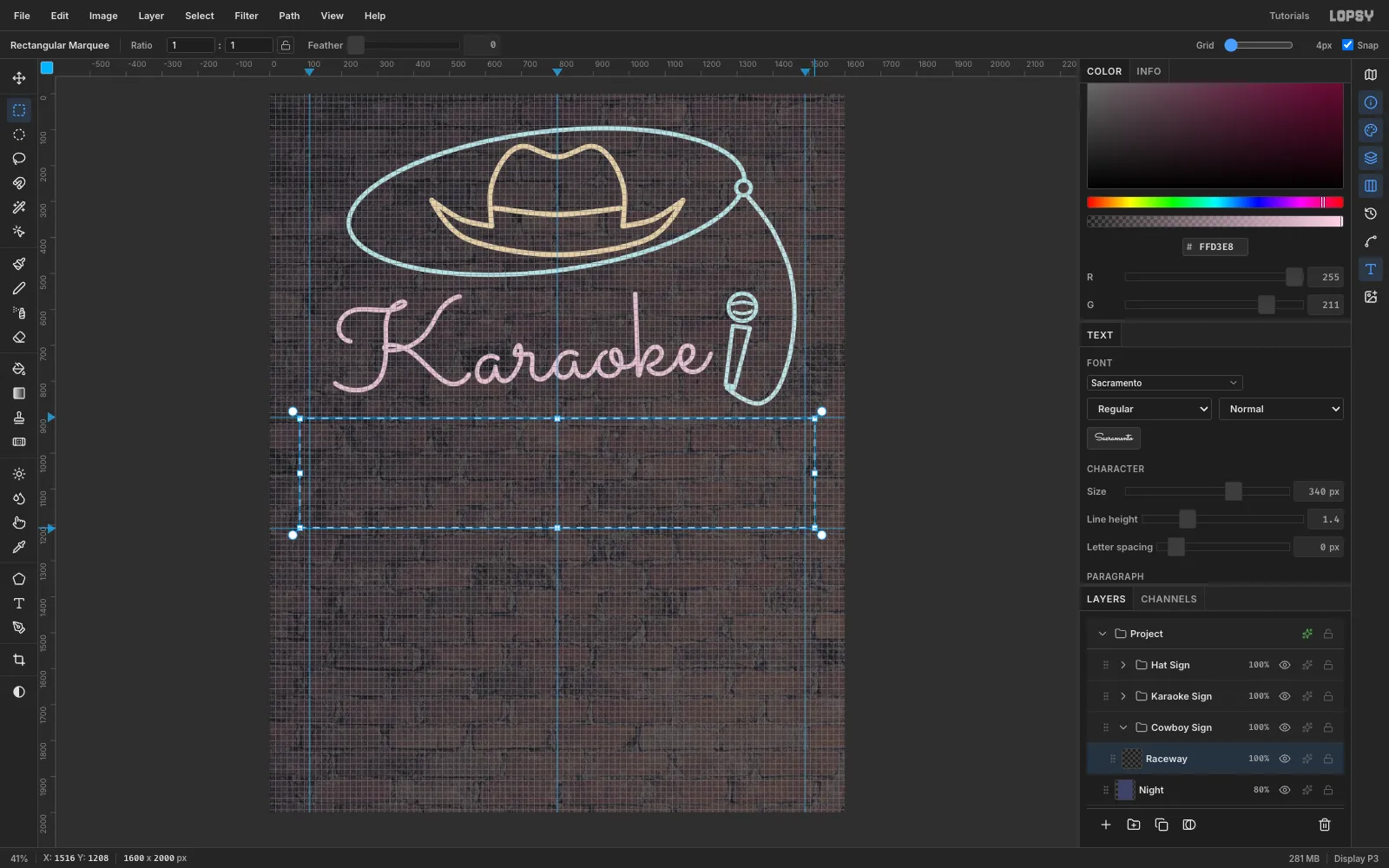 A rectangular marquee from 84, 904 to 1516, 1208 snapped to a fine 4 pixel grid under the script