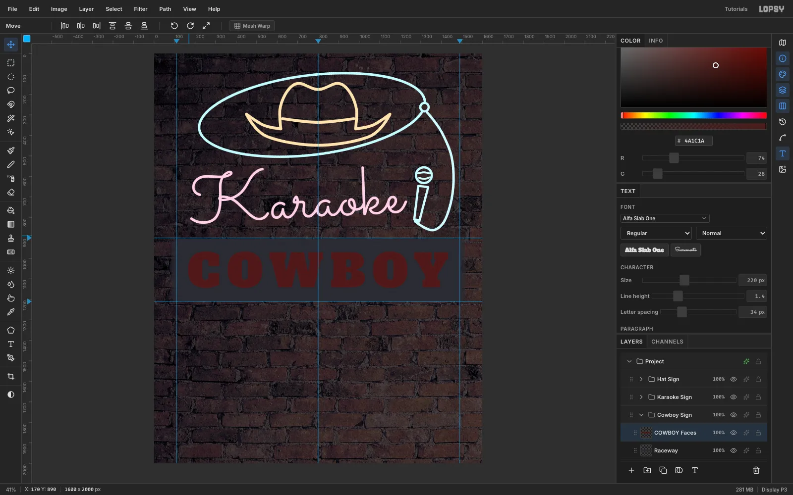 The word COWBOY in heavy oxblood slab-serif letters centred on the raceway