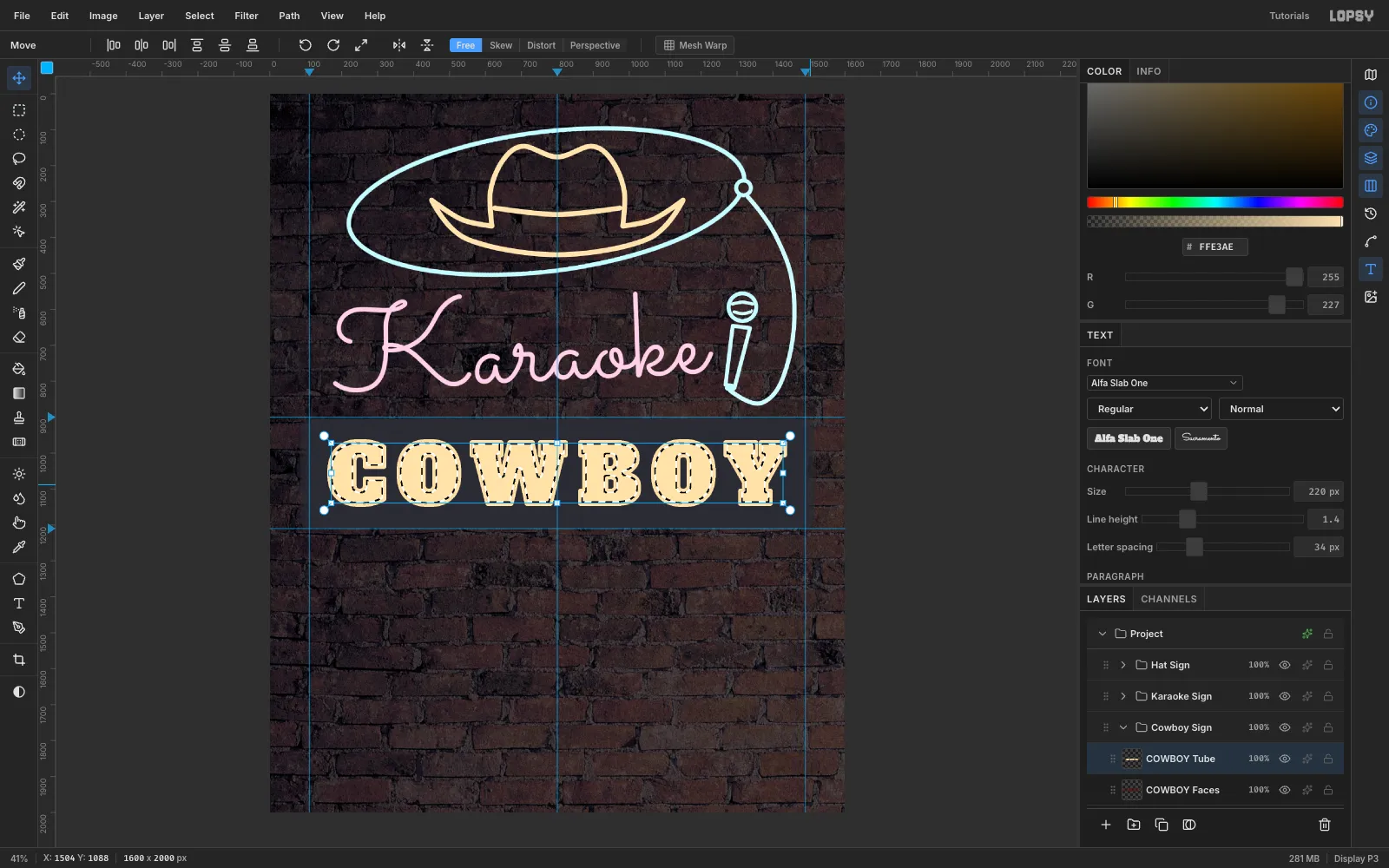 The COWBOY letters filled pale amber with marching ants just inside every letter edge