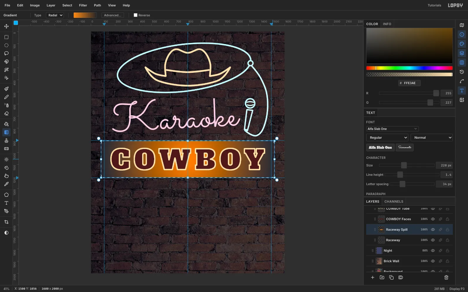 A radial orange gradient glowing in the middle of the raceway behind the COWBOY letters, fading toward the ends