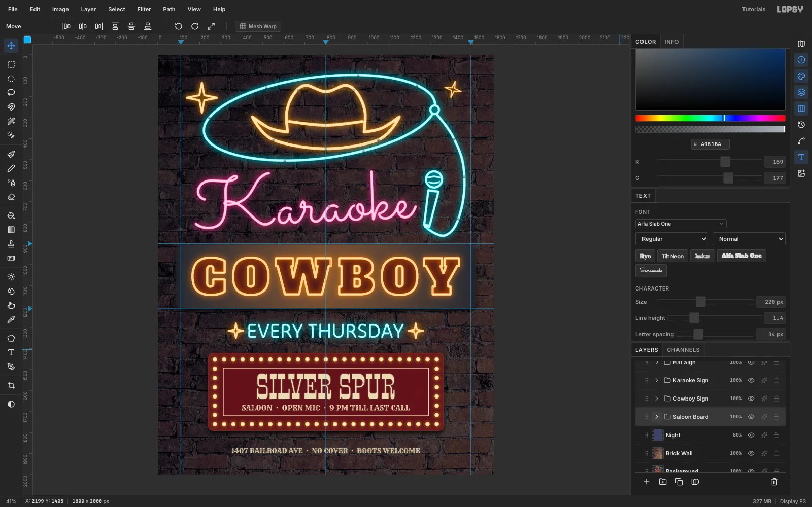 All of the signs glowing: turquoise lasso and mic, pink script, amber COWBOY, turquoise EVERY THURSDAY and warm bulbs on the board
