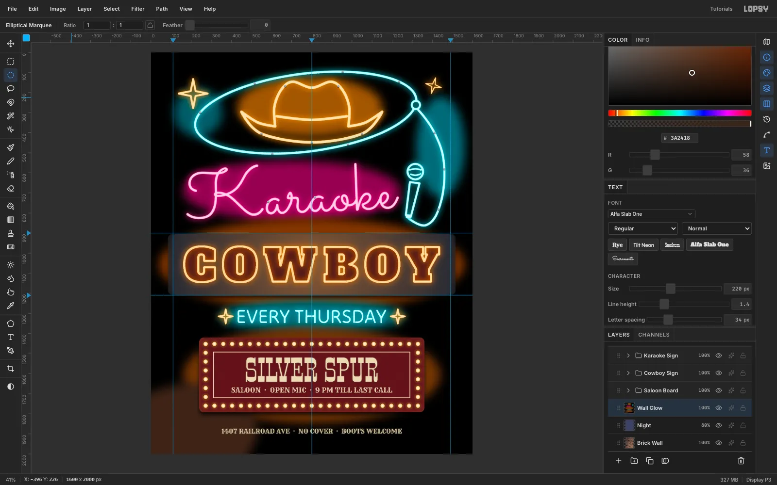 Soft coloured ellipses on black: amber behind the hat, turquoise beside the rope, pink under the script, orange behind COWBOY and warm light around the board