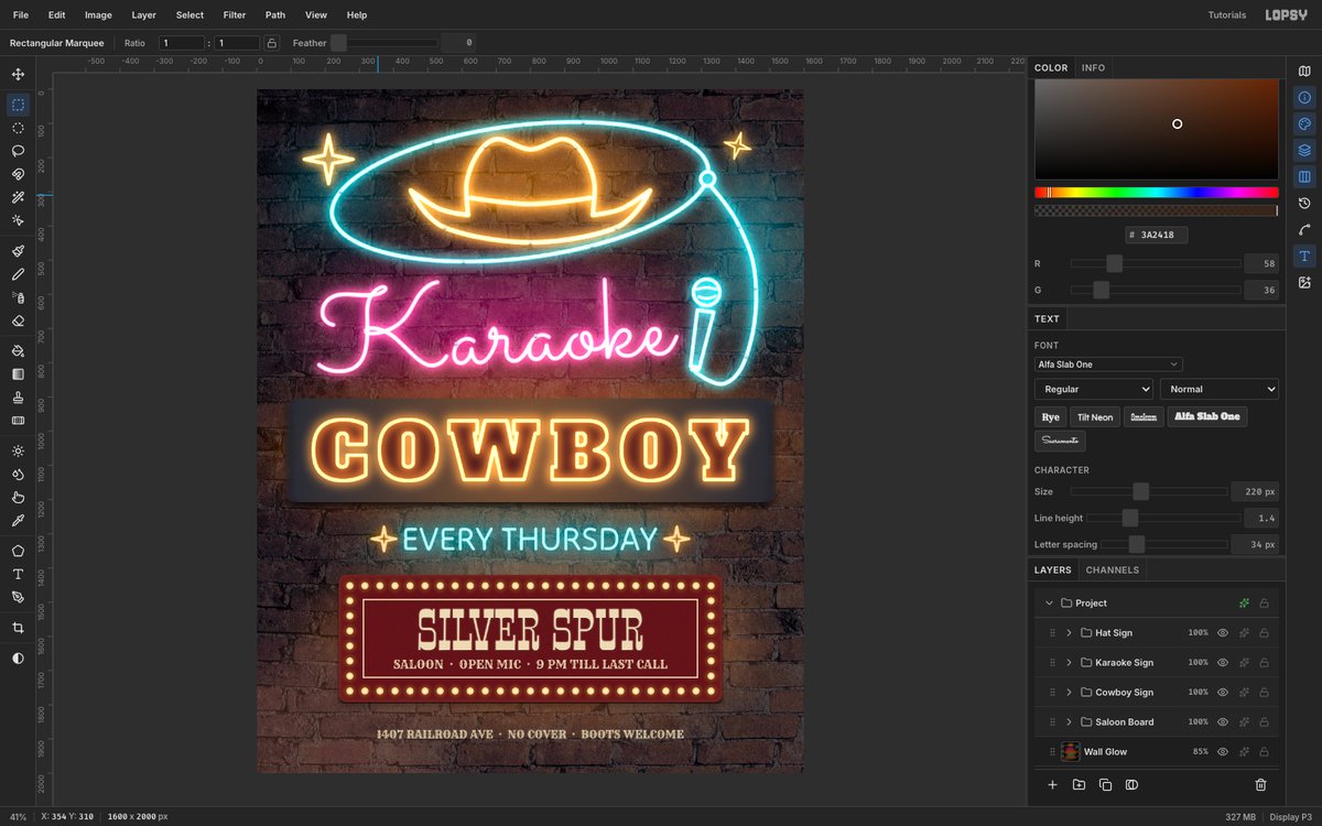 Lopsy editing the finished Karaoke Cowboy neon poster, with an amber cowboy hat inside a turquoise lasso, pink Karaoke script, an amber outline-tube COWBOY sign and a red marquee board on a dark brick wall, and the layers panel open on the right