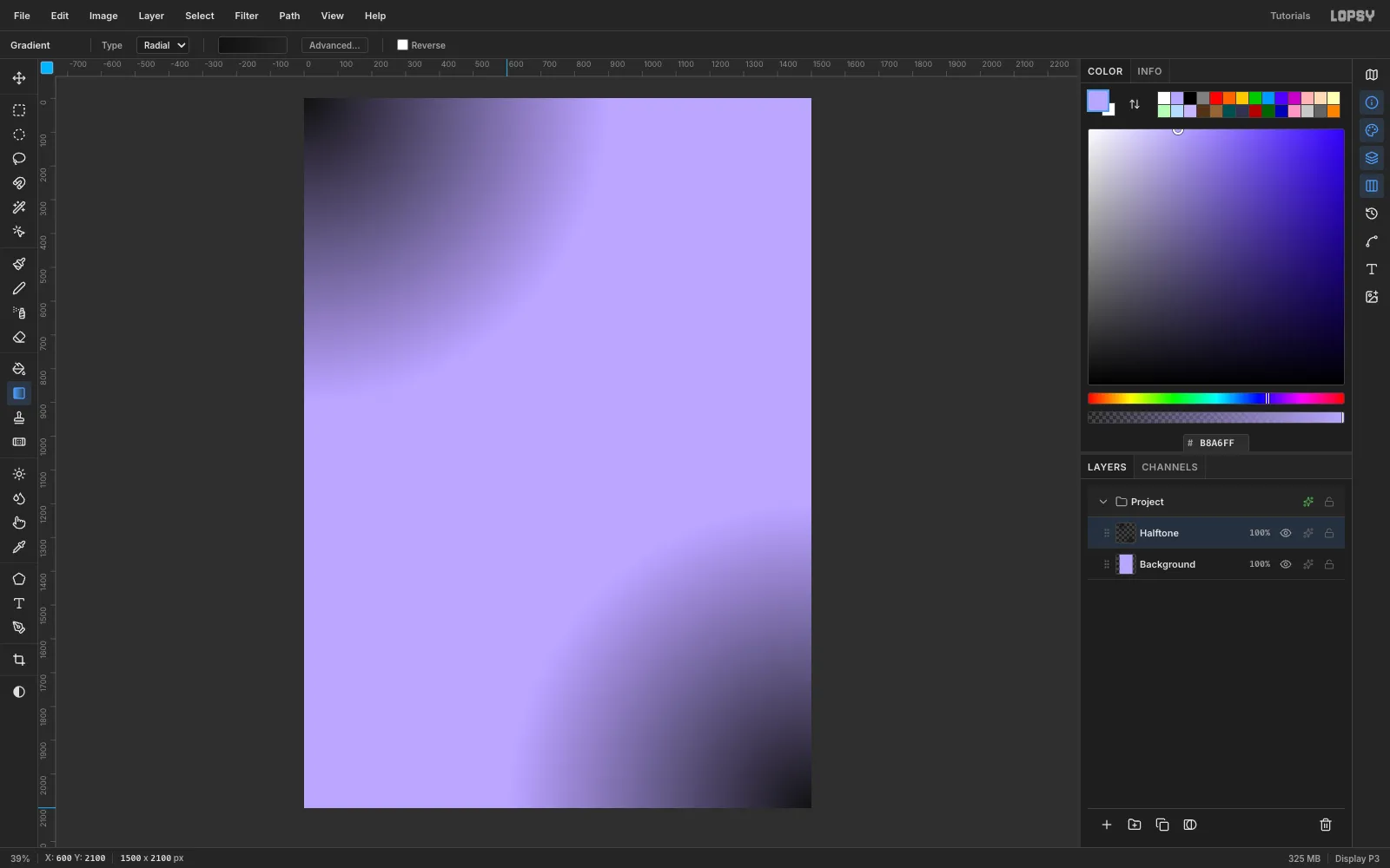 A lavender 1500 by 2100 document with soft black radial gradients fading in from the top-left and bottom-right corners
