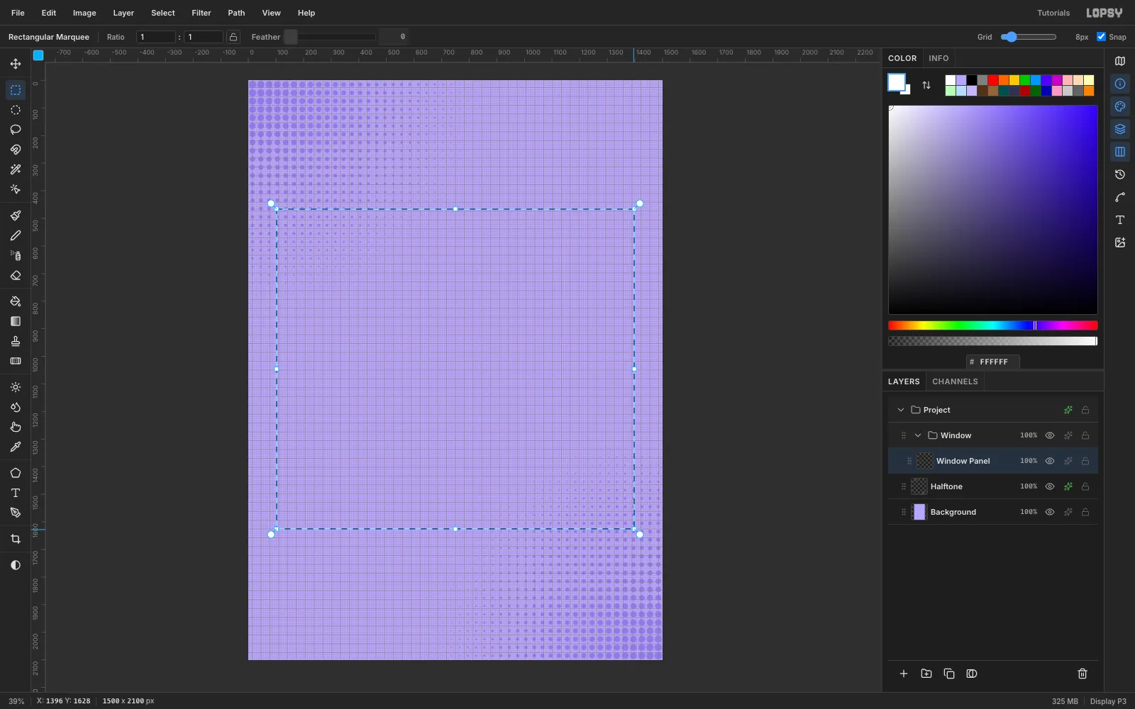 A marquee snapped to the 8 pixel grid, forming the outline of the app window