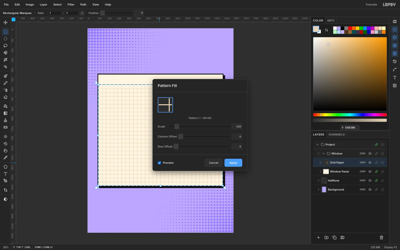 The Pattern Fill dialog previewing a 40 pixel tan grid inside the window