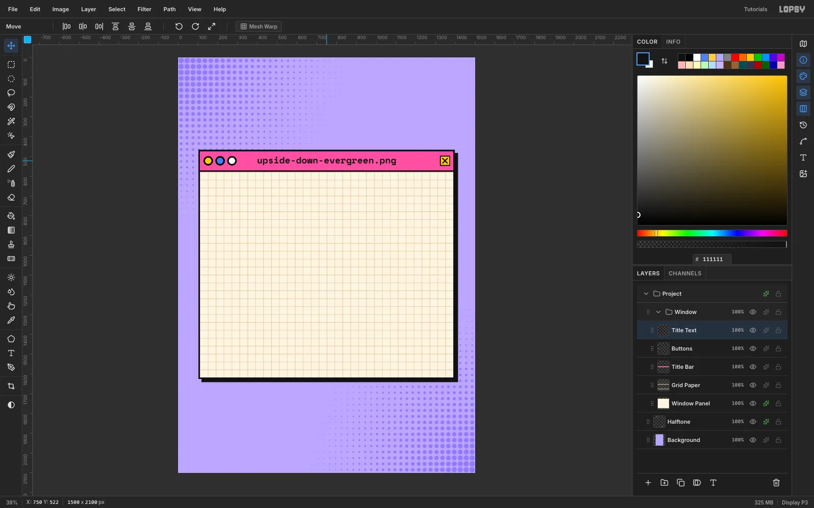 A pink title bar with three round window buttons, a yellow close box and the bold file name centred in it