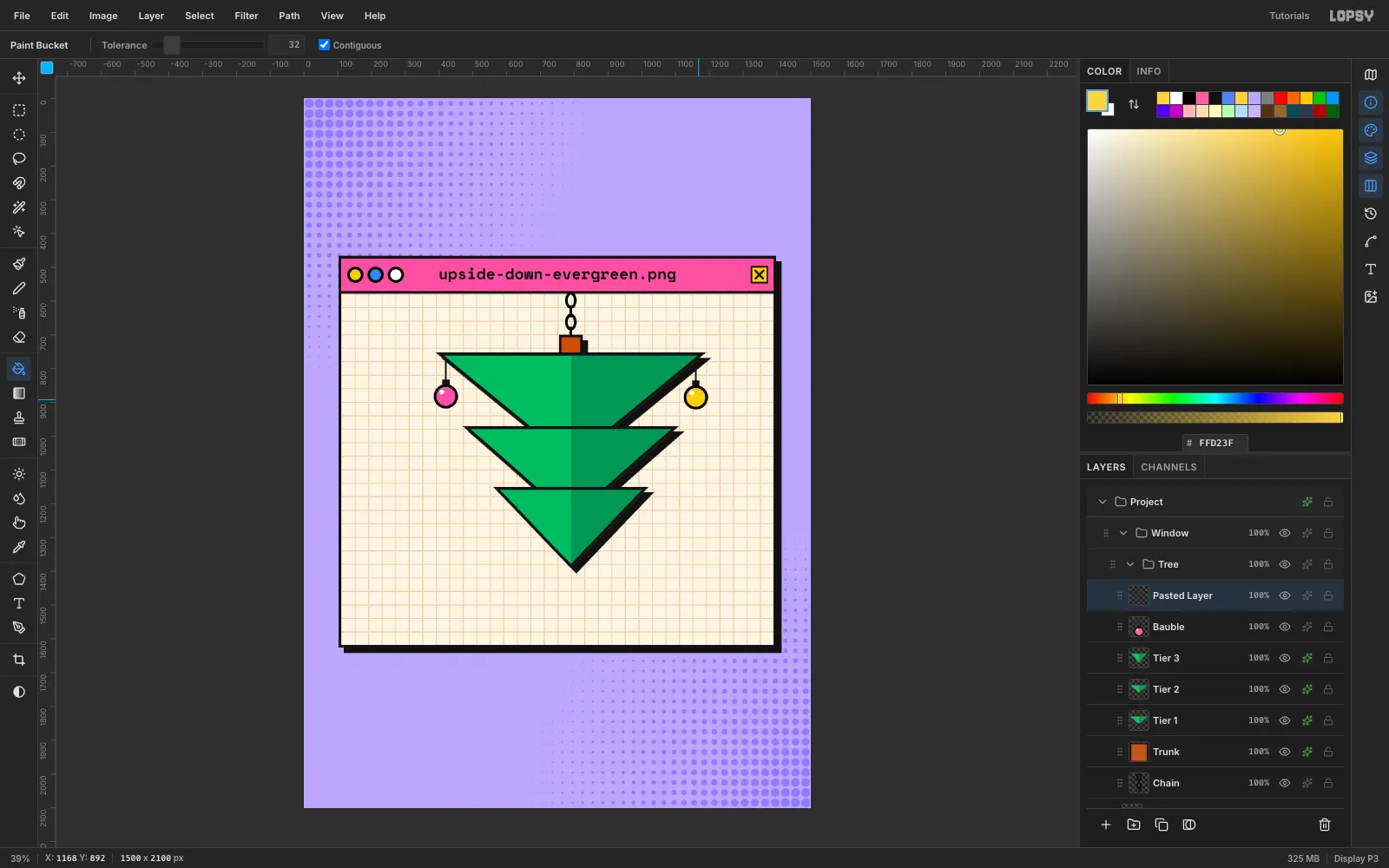A second bauble pasted and dragged to the top-right corner of the first tier, then recoloured yellow with the Paint Bucket